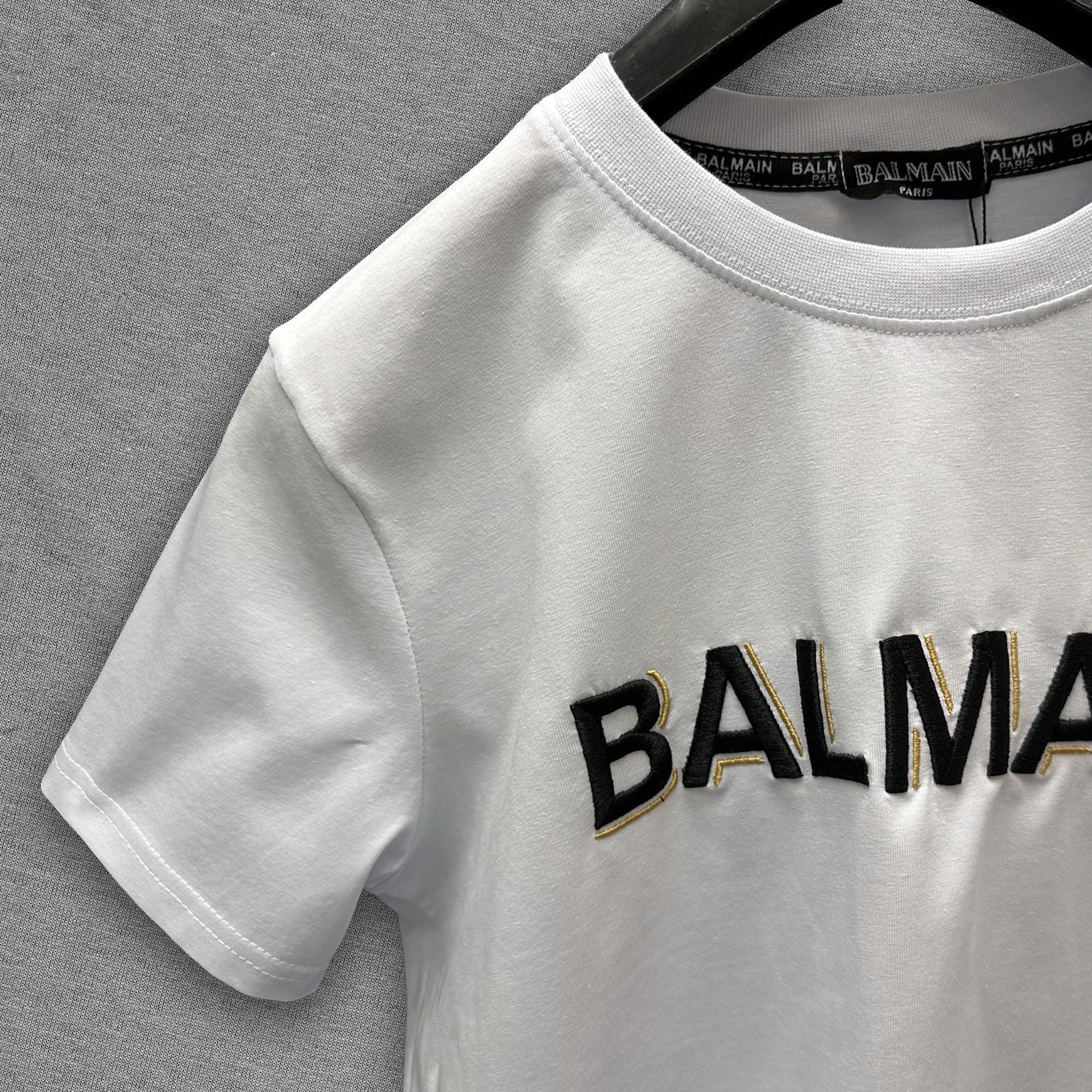 Balmain White T-shirt With Black Gold Embroidery On Chest Size L