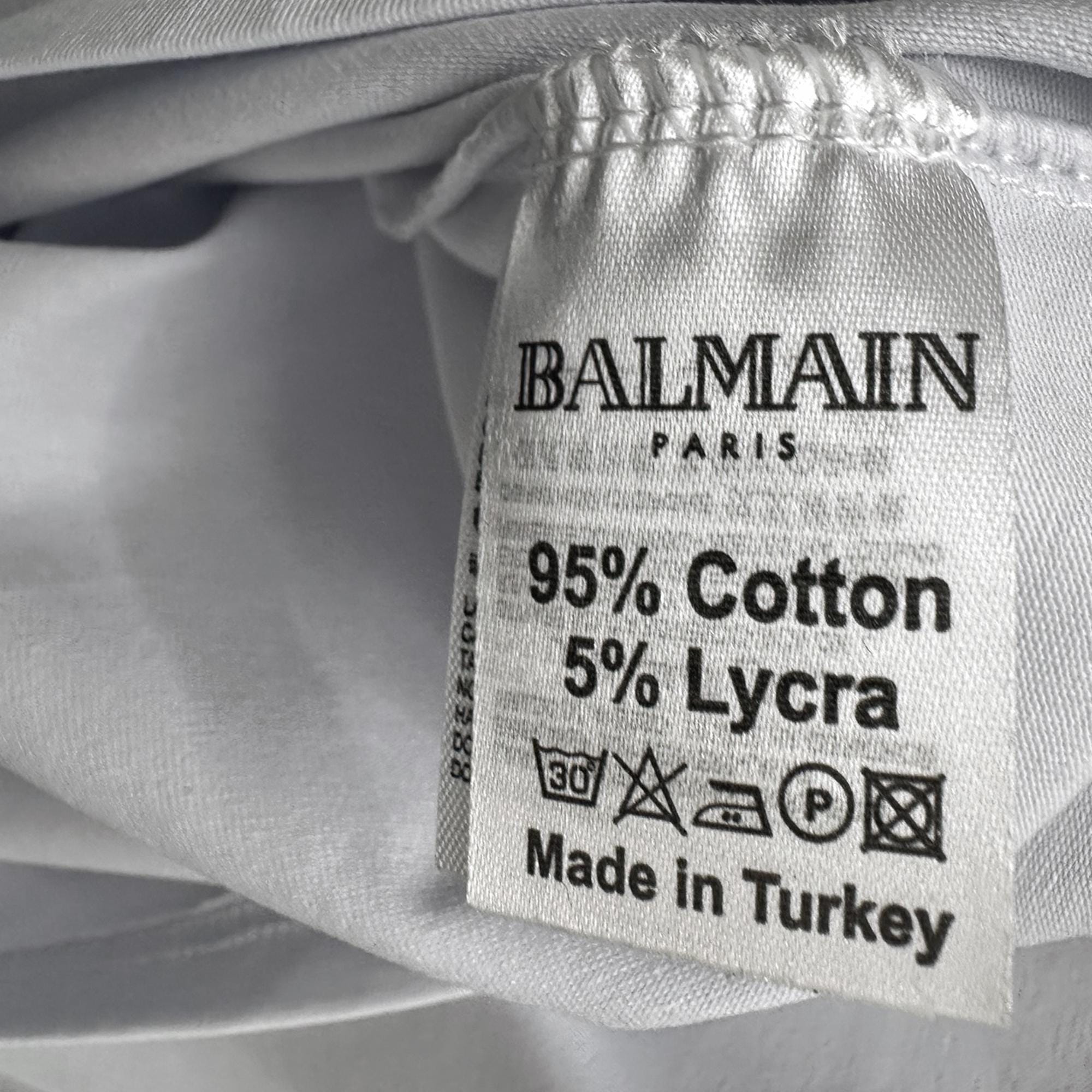 Balmain White T-shirt With Black Gold Embroidery On Chest Size L