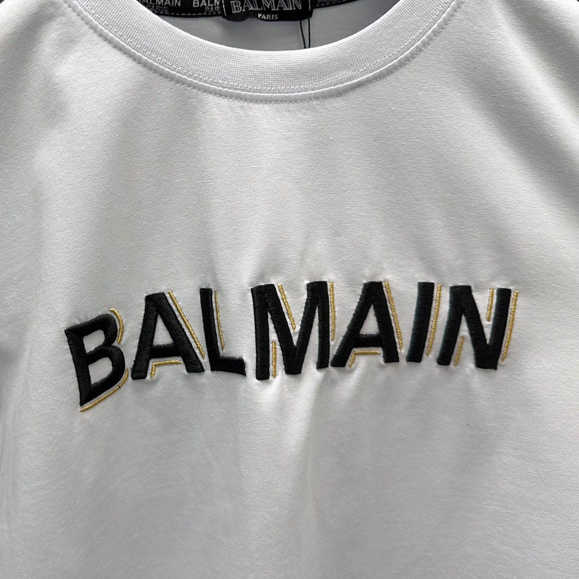 Balmain White T-shirt With Black Gold Embroidery On Chest Size L