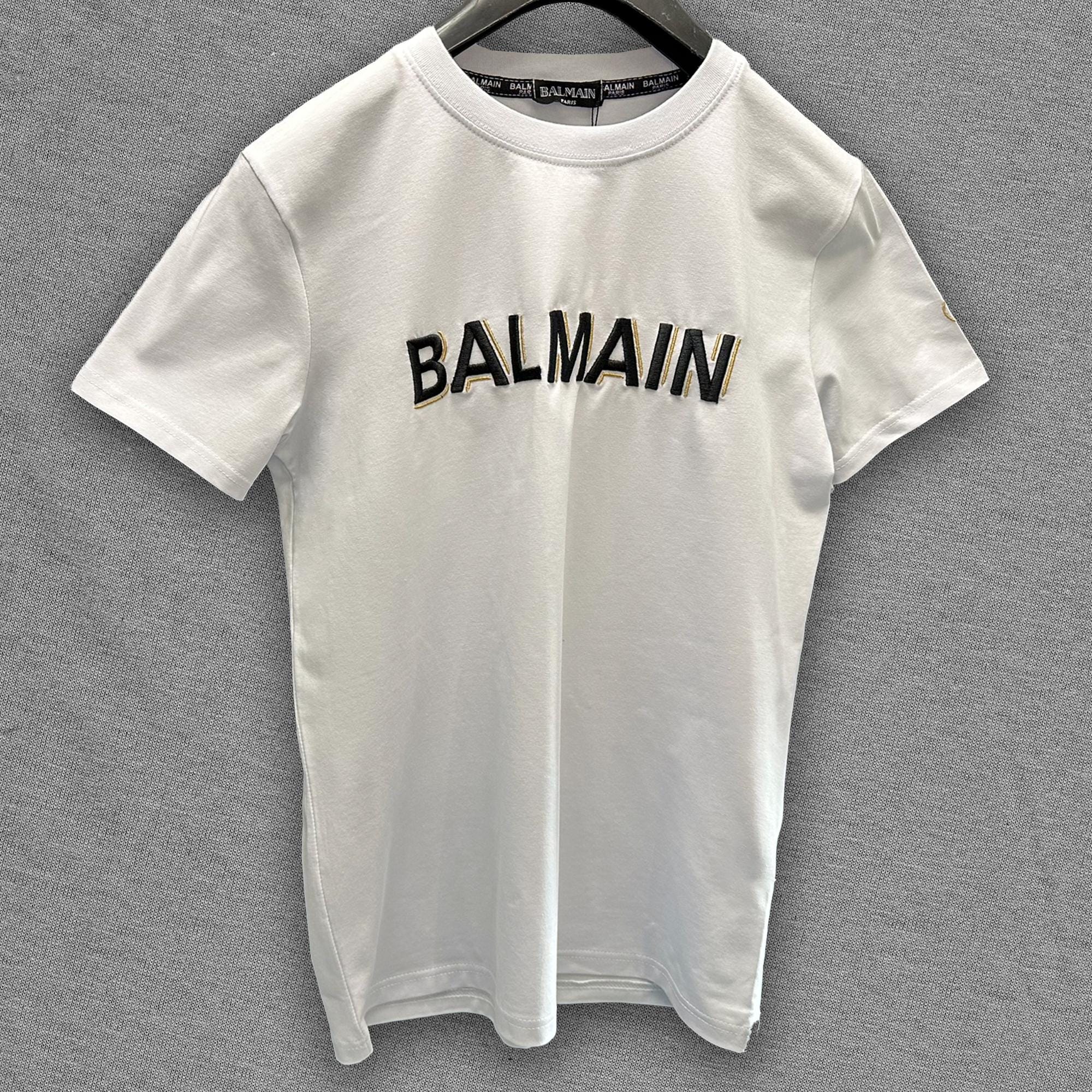 Balmain White T-shirt With Black Gold Embroidery On Chest Size L