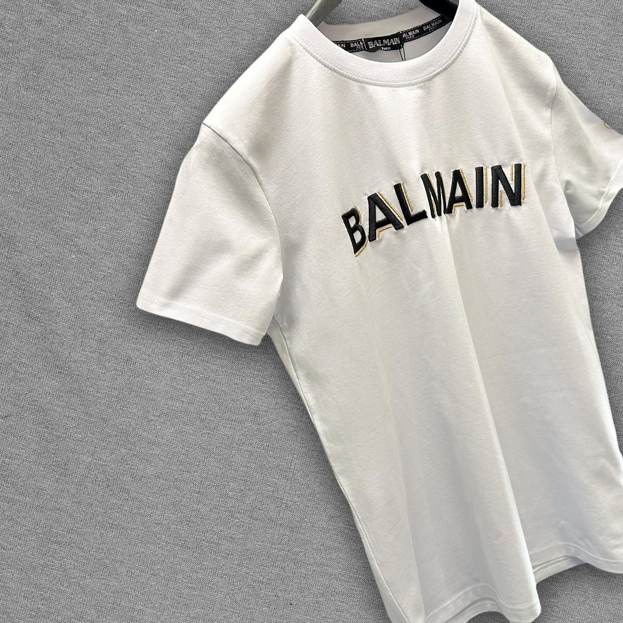 Balmain White T-shirt With Black Gold Embroidery On Chest Size L