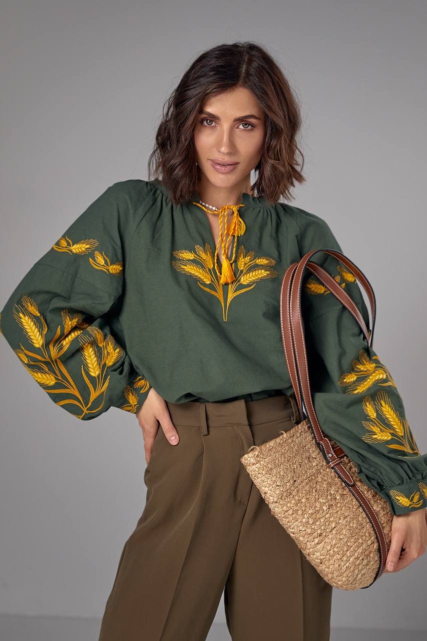 Green Embroidered Vishivankaukraine Khaki Blousewheat Blousewomen Vyshyvankaspikelet Vishivankaukraine Spikelet Embroidery Blouse