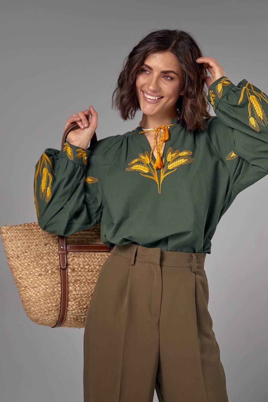 Green Embroidered Vishivankaukraine Khaki Blousewheat Blousewomen Vyshyvankaspikelet Vishivankaukraine Spikelet Embroidery Blouse