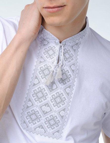 S-3xl Modern Ukrainian Embroidered T-shirt White Base With Grey Embroidery Man Vyshyvanka Ukrainian Gift For Him