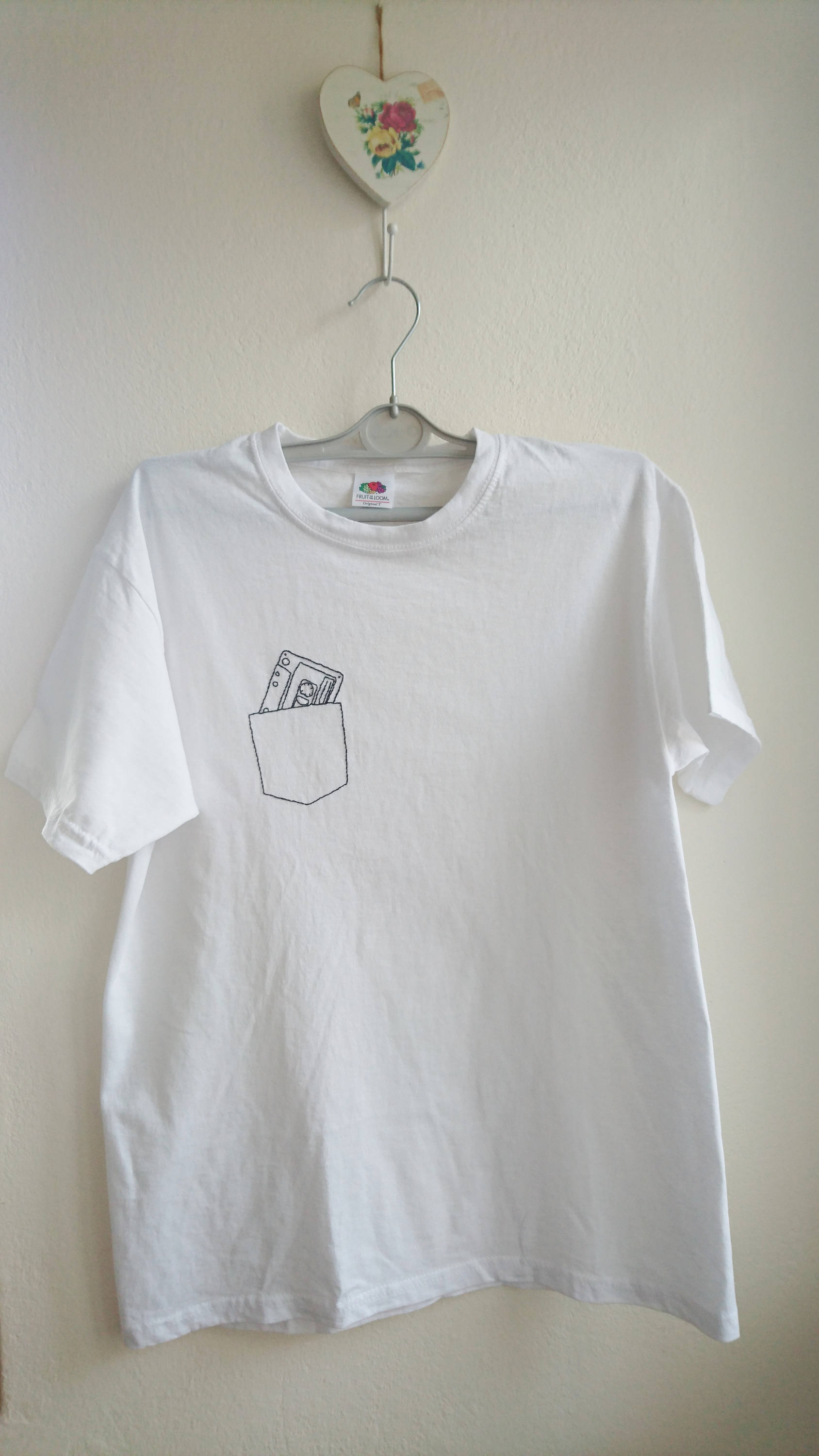 Music In My Pocket T Shirt Hand Embroidered T Shirt Unisex White Cotton T Shirt Hand Embroidered Cassette Ready2ship