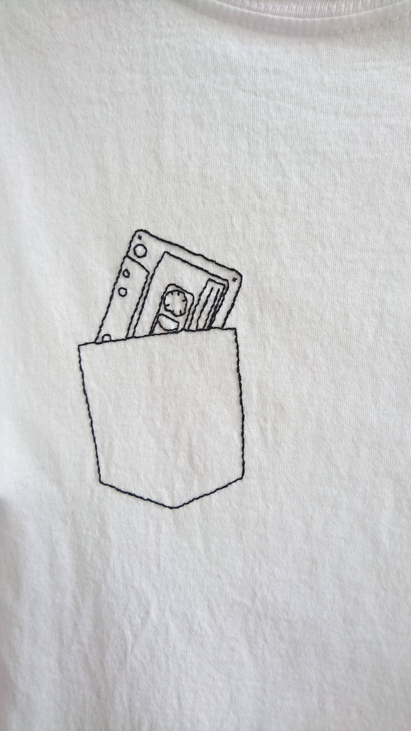 Music In My Pocket T Shirt Hand Embroidered T Shirt Unisex White Cotton T Shirt Hand Embroidered Cassette Ready2ship