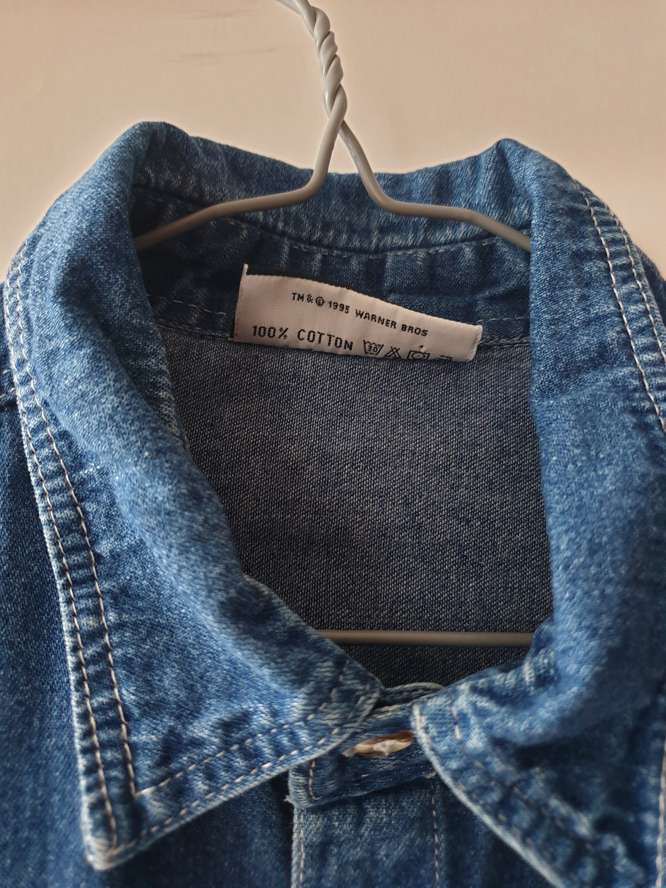 90s Vintage Looney Tunes Embroidered Blue Denim Button-down Shirt
