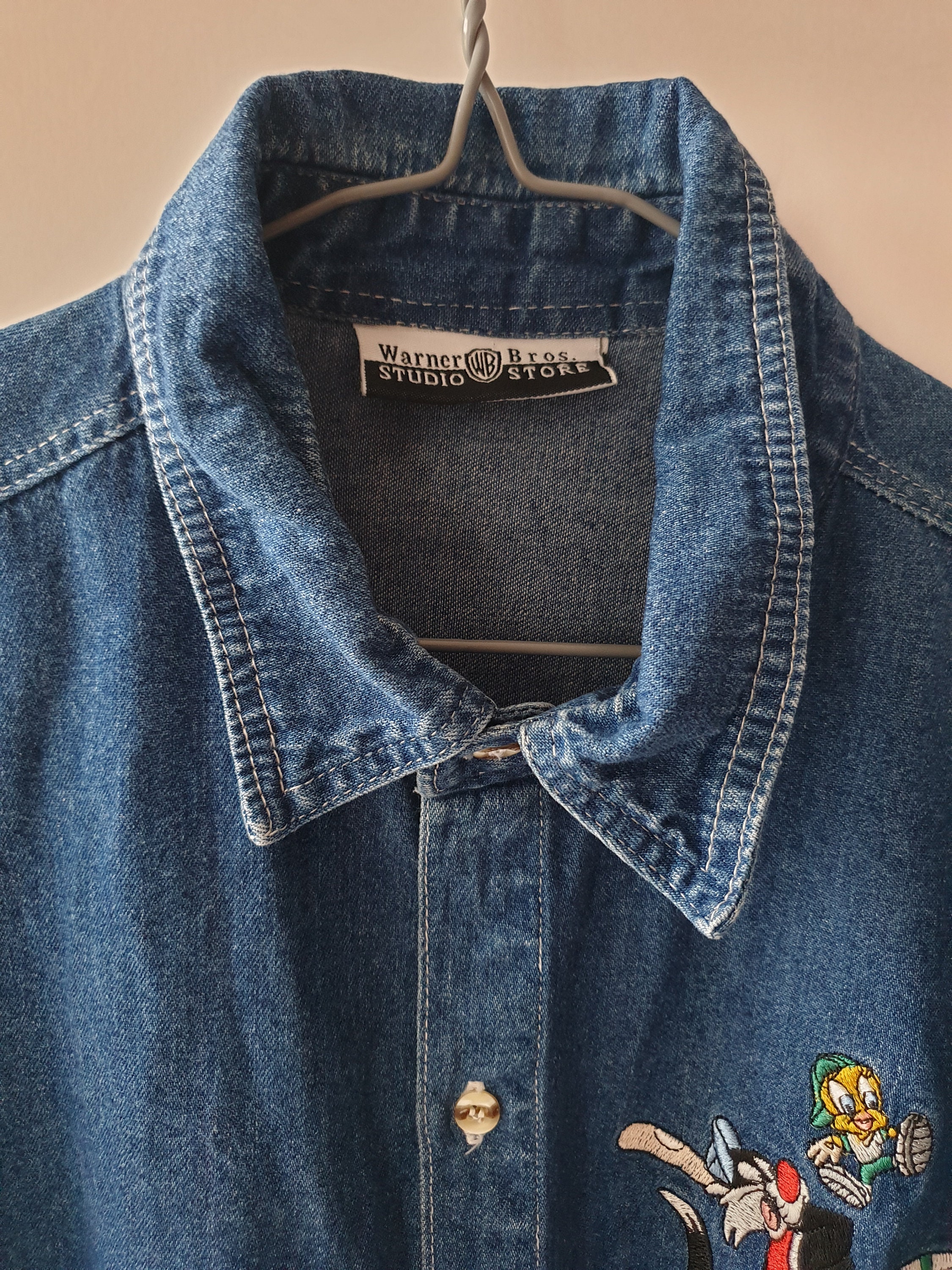 90s Vintage Looney Tunes Embroidered Blue Denim Button-down Shirt