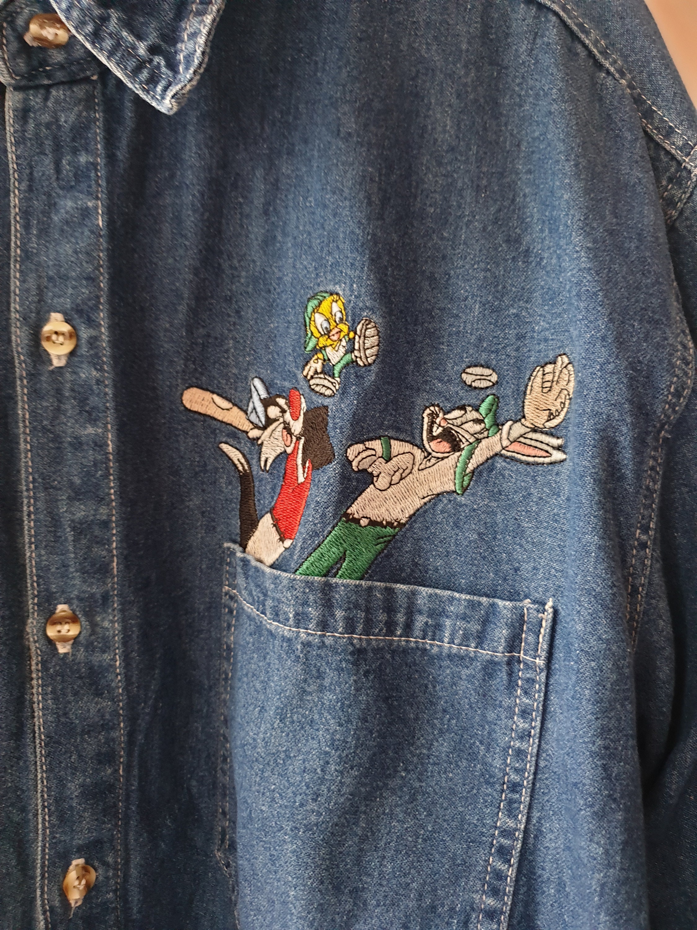 90s Vintage Looney Tunes Embroidered Blue Denim Button-down Shirt