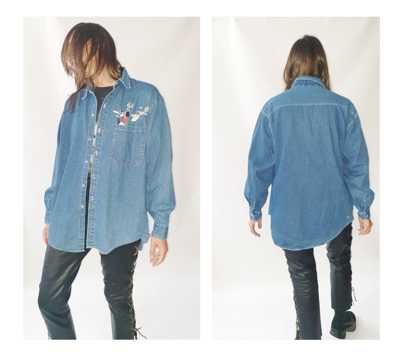 90s Vintage Looney Tunes Embroidered Blue Denim Button-down Shirt
