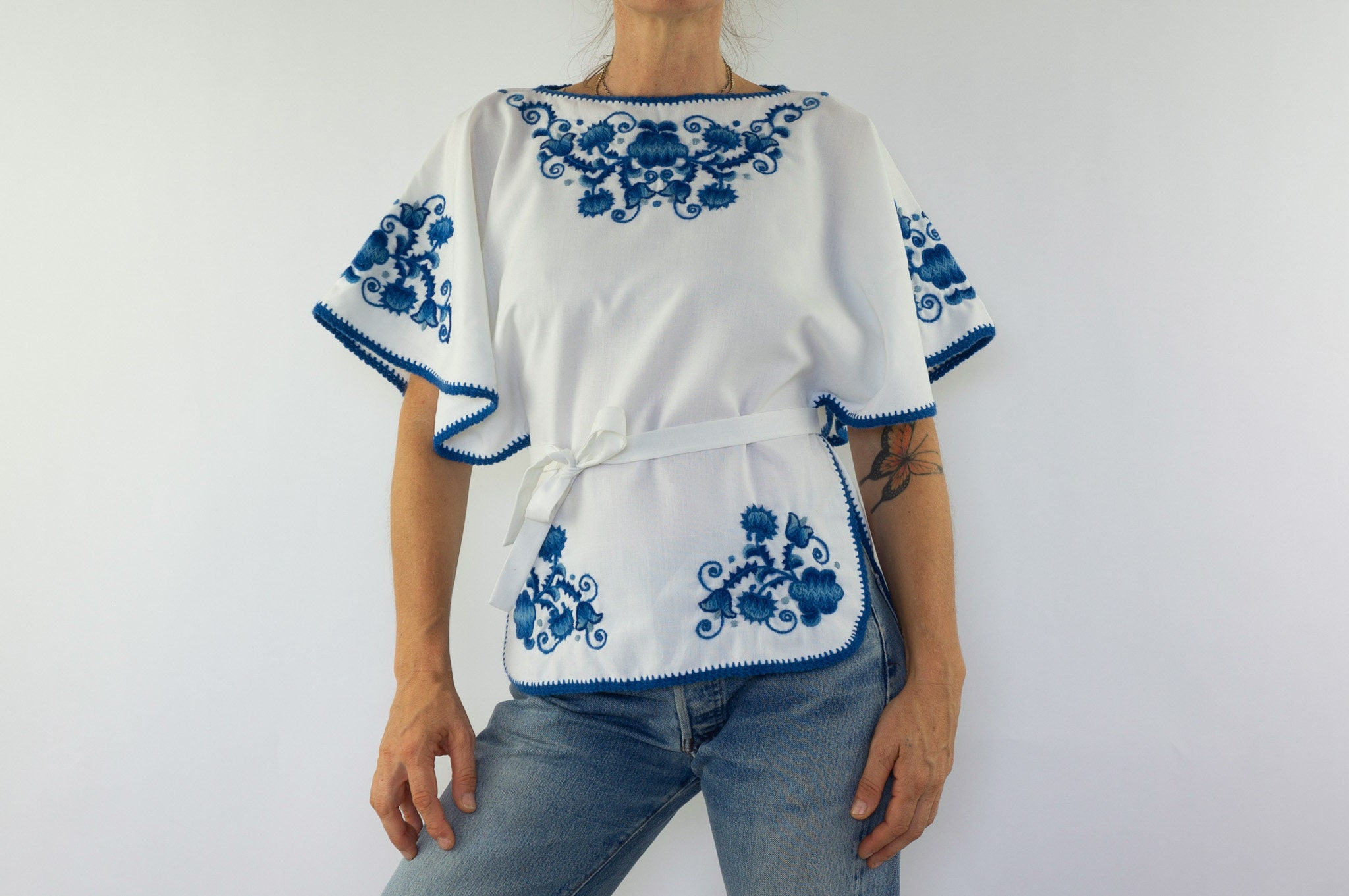 Vintage Embroidery Blouse 1970s Floral Folk Blouse Peasant Whiteblue Belted Butterfly Sleeves Made In France Size Sm