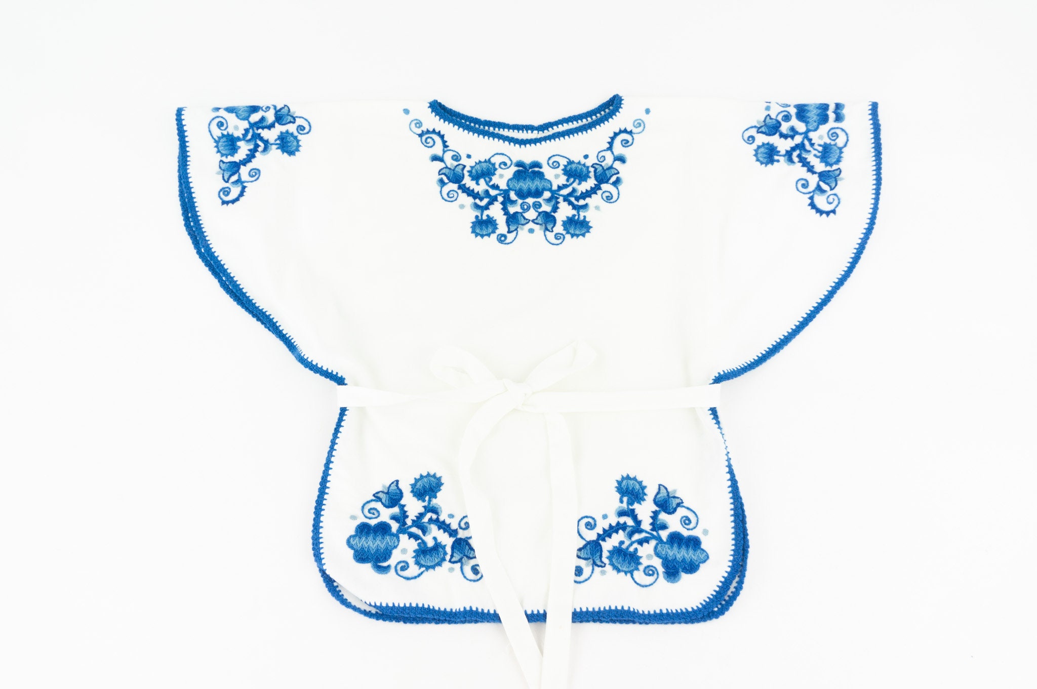 Vintage Embroidery Blouse 1970s Floral Folk Blouse Peasant Whiteblue Belted Butterfly Sleeves Made In France Size Sm