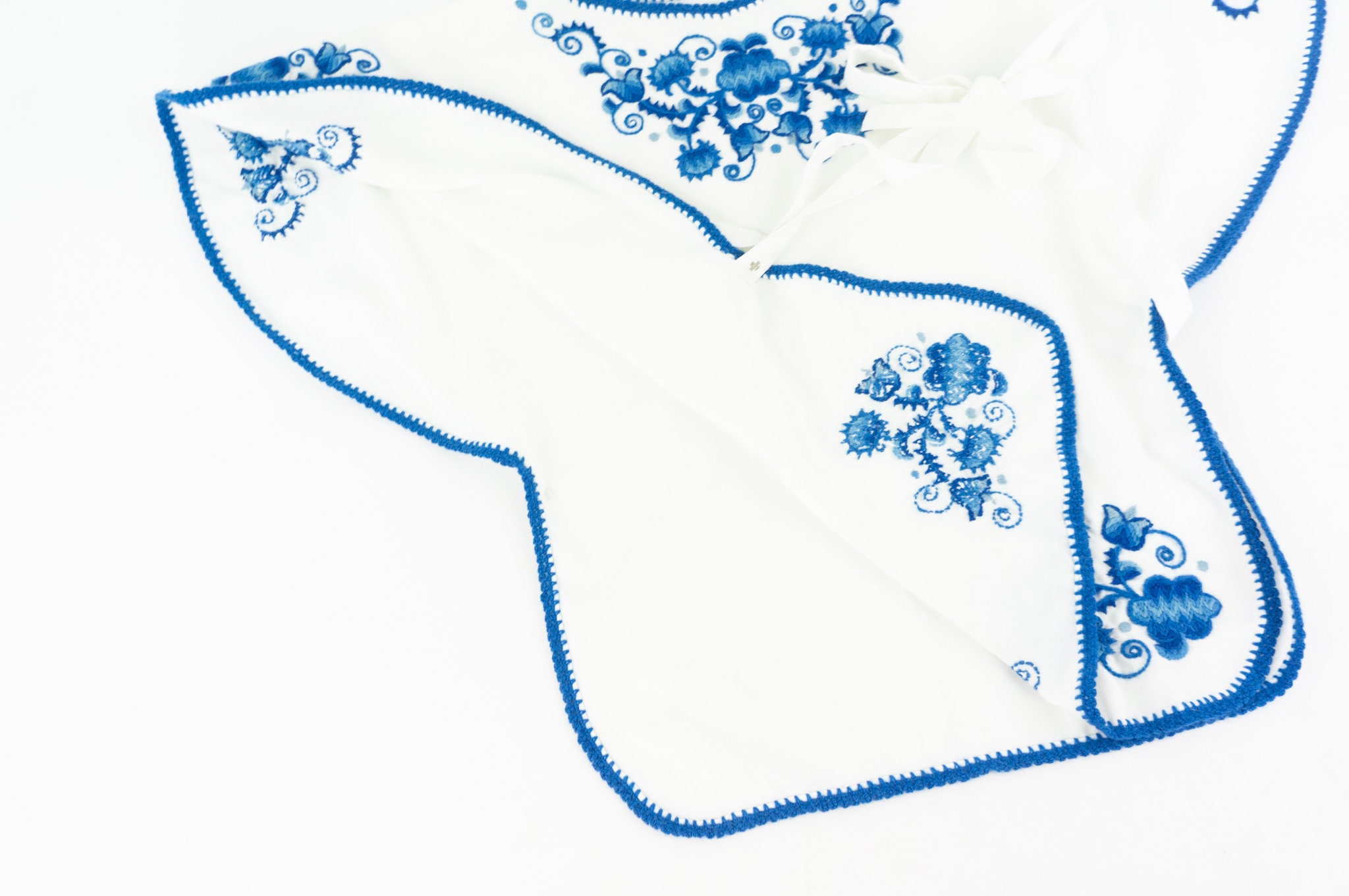 Vintage Embroidery Blouse 1970s Floral Folk Blouse Peasant Whiteblue Belted Butterfly Sleeves Made In France Size Sm
