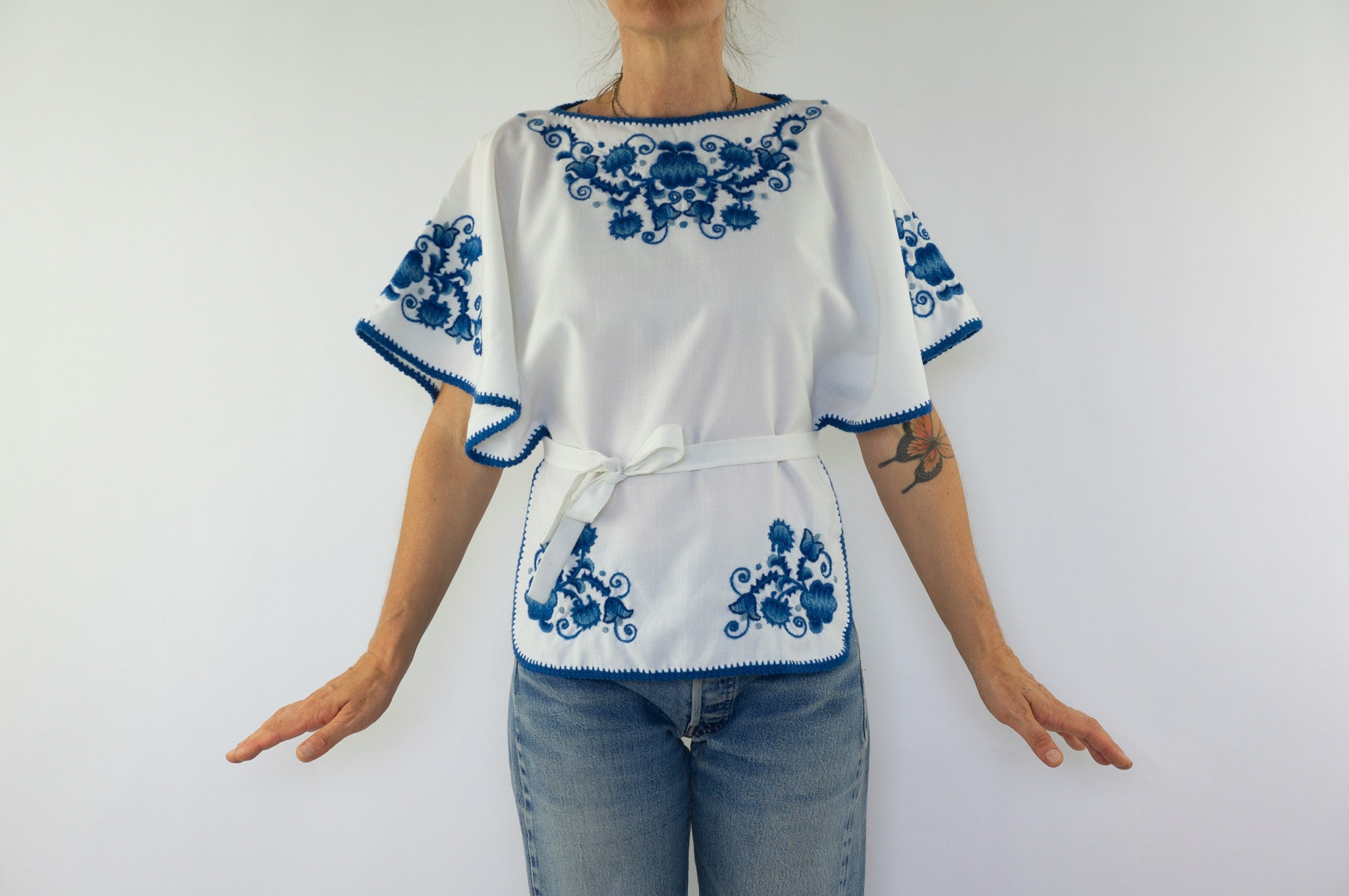 Vintage Embroidery Blouse 1970s Floral Folk Blouse Peasant Whiteblue Belted Butterfly Sleeves Made In France Size Sm