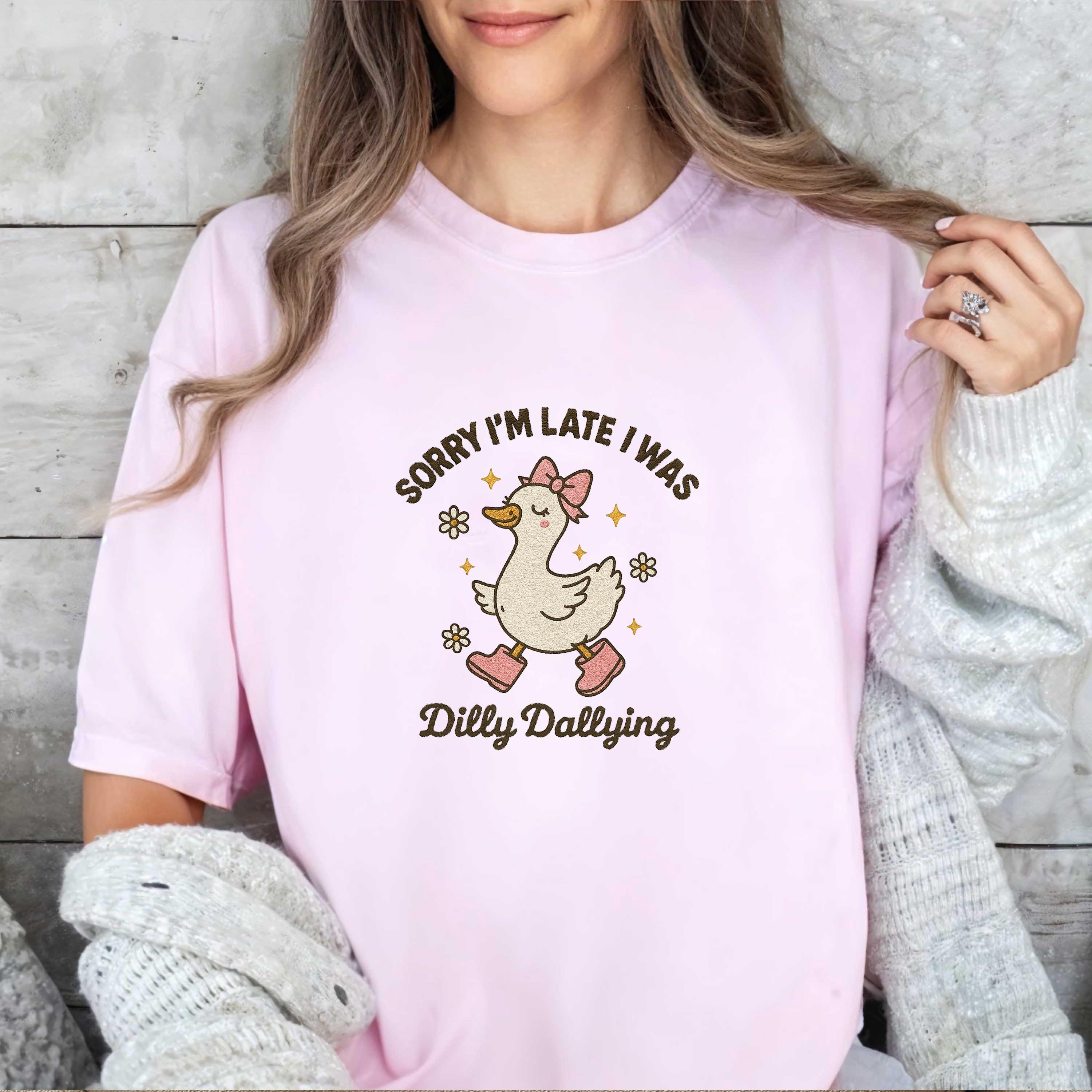 Sorry I'm Late I Was Dilly Dallying Goose Embroidered Sweater Funny Goose Meme Embroidered Shirt Coquette Goose Trendy Cute Goose Shirt