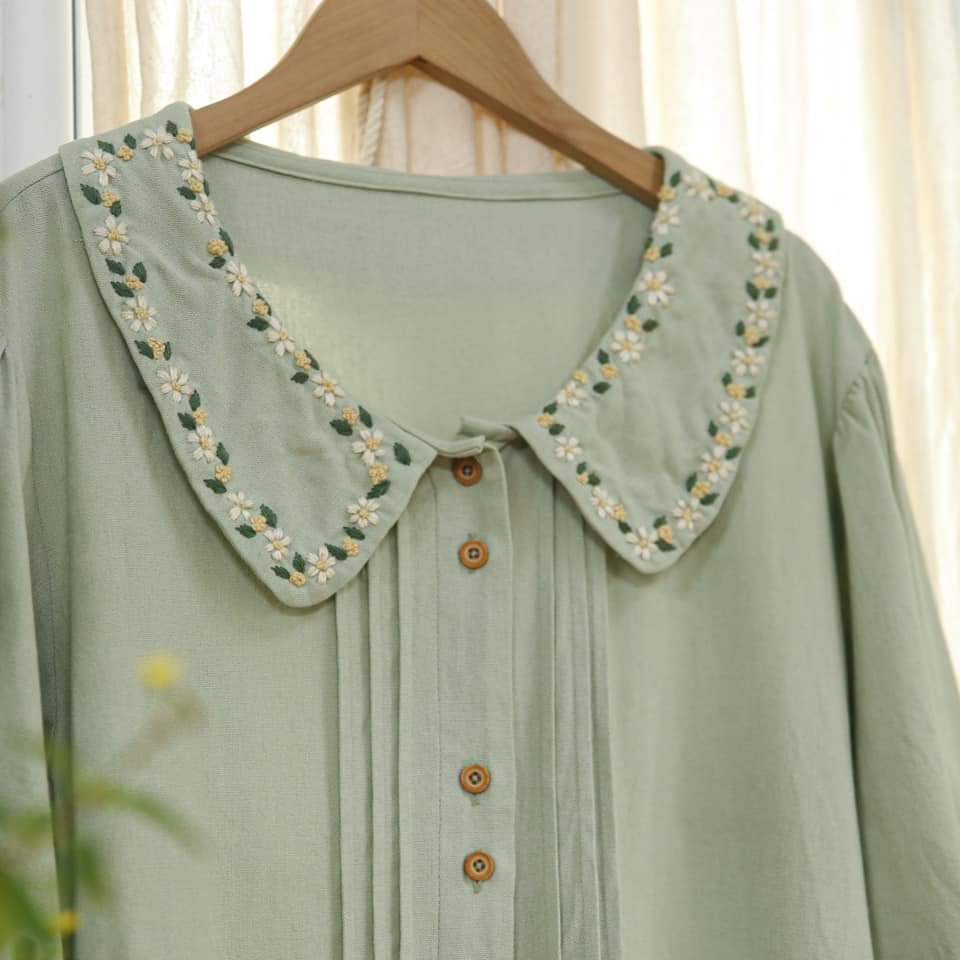 Custom Hand Embroidered Shirt For Women Mint Shirt Daisy Flower Embroidery Shirt Christmas Gifts Shirt Cute Shirt Floral Embroidered Collar