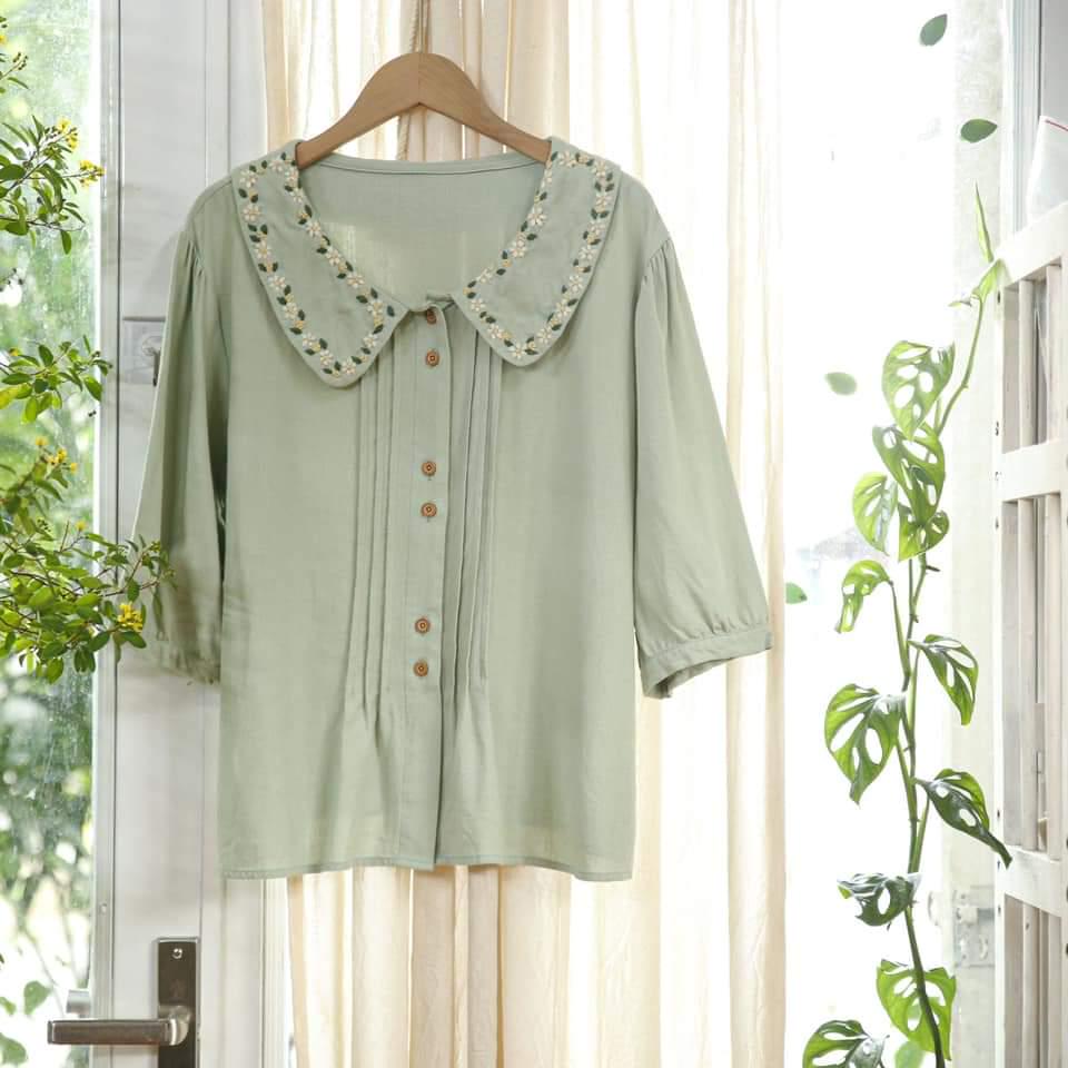 Custom Hand Embroidered Shirt For Women Mint Shirt Daisy Flower Embroidery Shirt Christmas Gifts Shirt Cute Shirt Floral Embroidered Collar