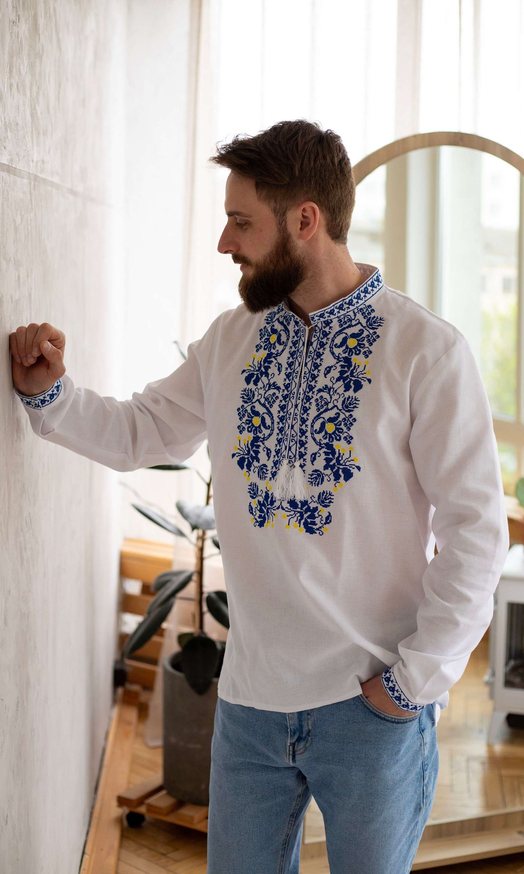 Ukrainian Embroidered Shirt Ukrainian Clothes Mens White Vyshyvanka Embroidery Stitch Ethnic Shirts Traditional Clothing