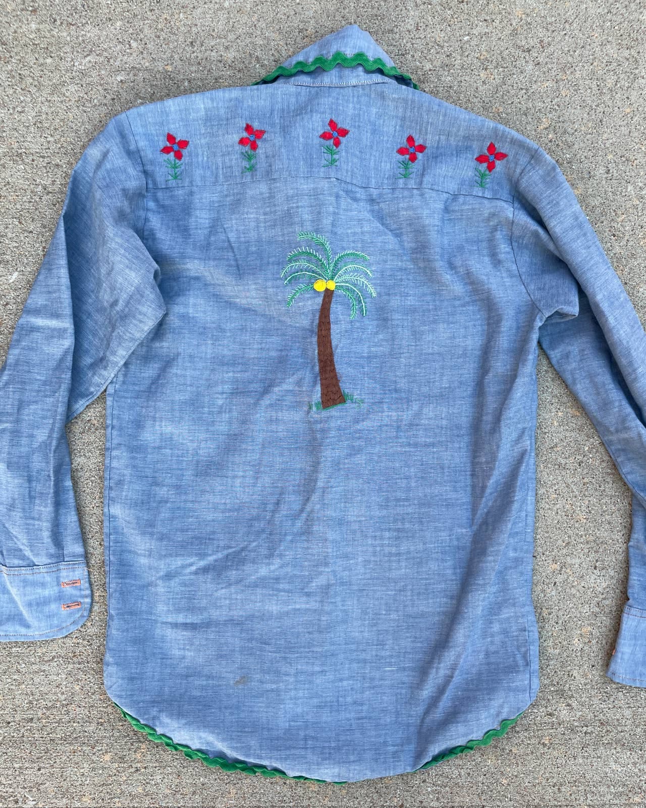 Vintage 1970s 80s Levis Chambray Embroidered Shirt Green Line Selvedge Xs S Boys 14