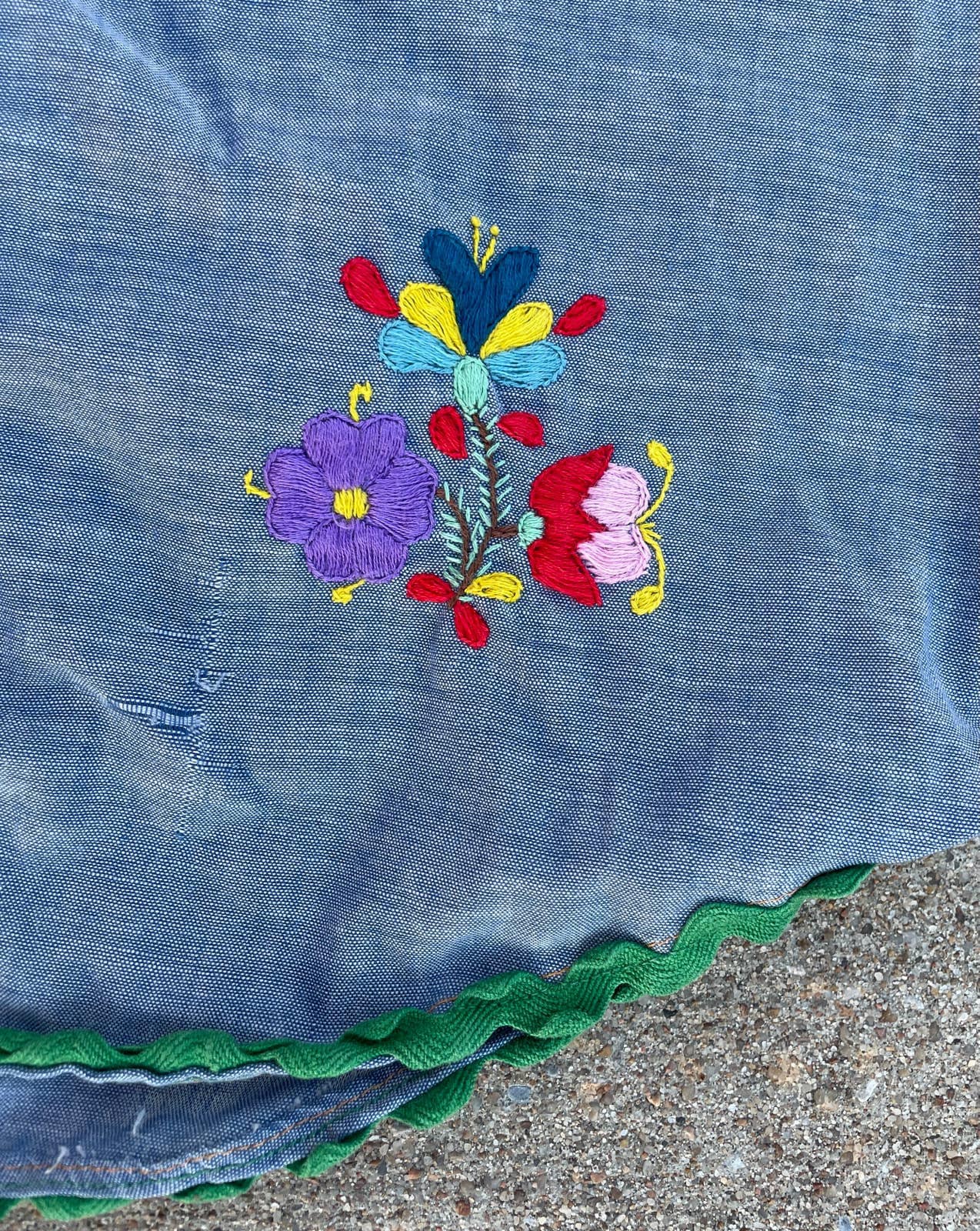 Vintage 1970s 80s Levi's Chambray Embroidered Shirt Green Line Selvedge Xs S Boys 14
