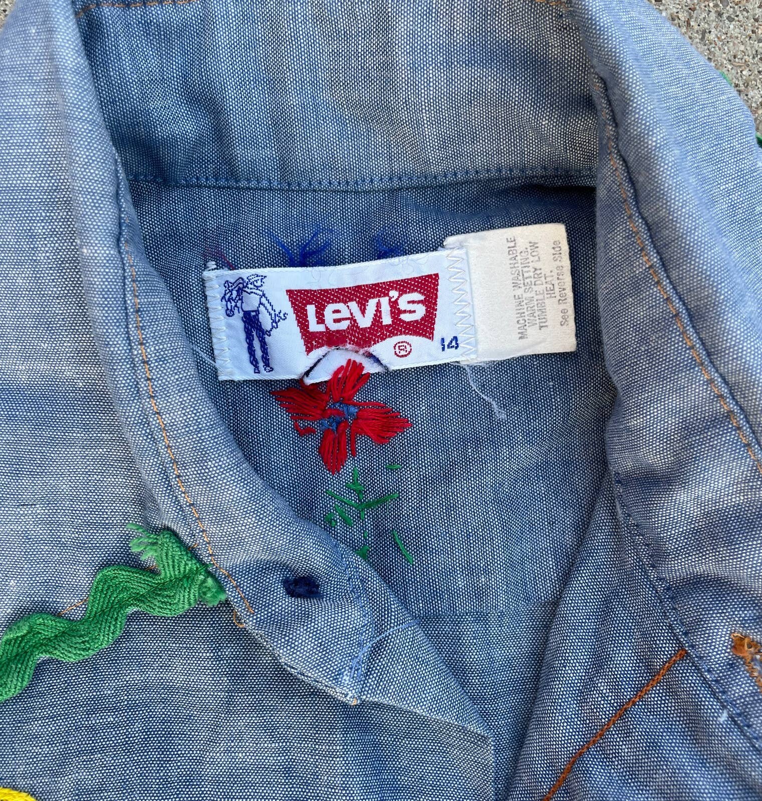 Vintage 1970s 80s Levi's Chambray Embroidered Shirt Green Line Selvedge Xs S Boys 14