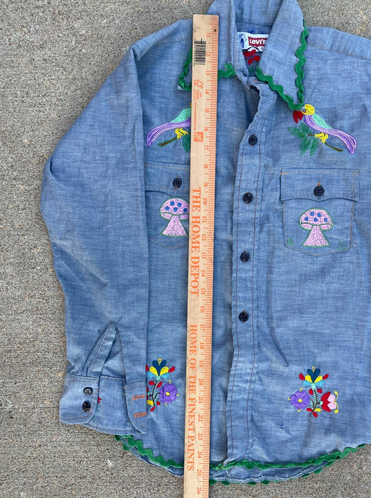 Vintage 1970s 80s Levi's Chambray Embroidered Shirt Green Line Selvedge Xs S Boys 14