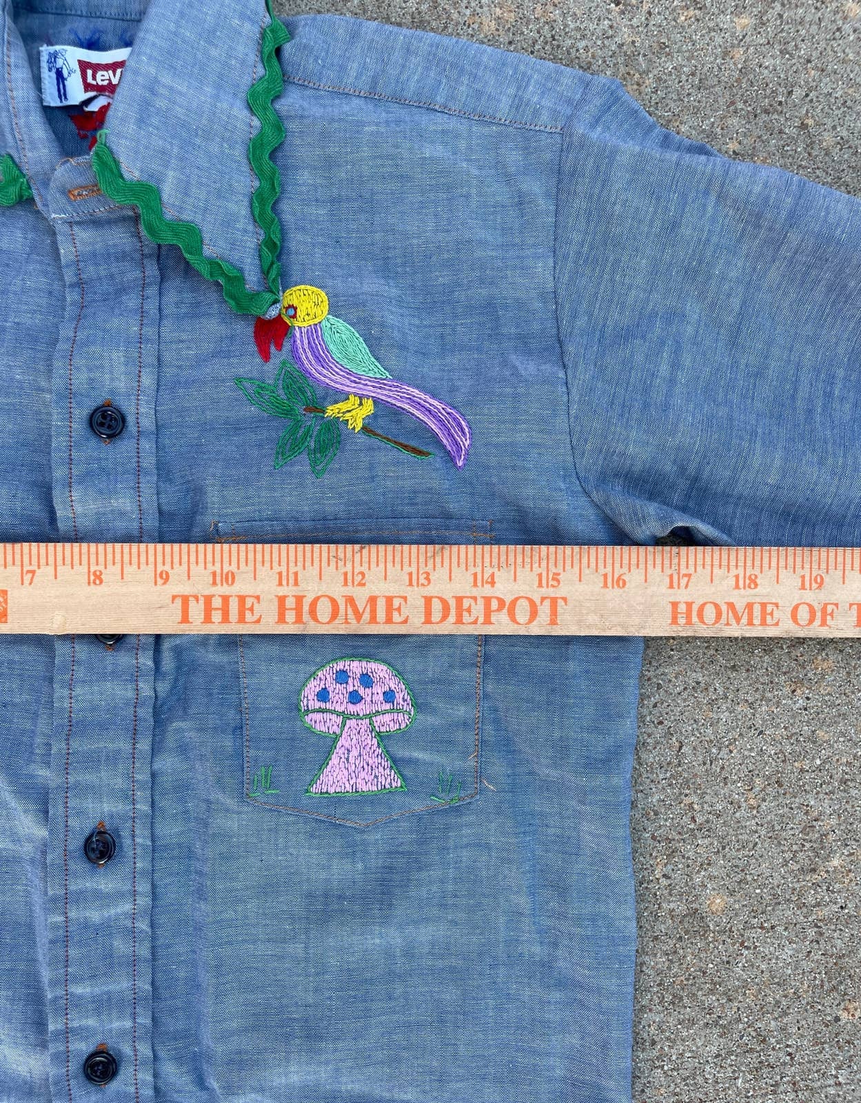 Vintage 1970s 80s Levi's Chambray Embroidered Shirt Green Line Selvedge Xs S Boys 14