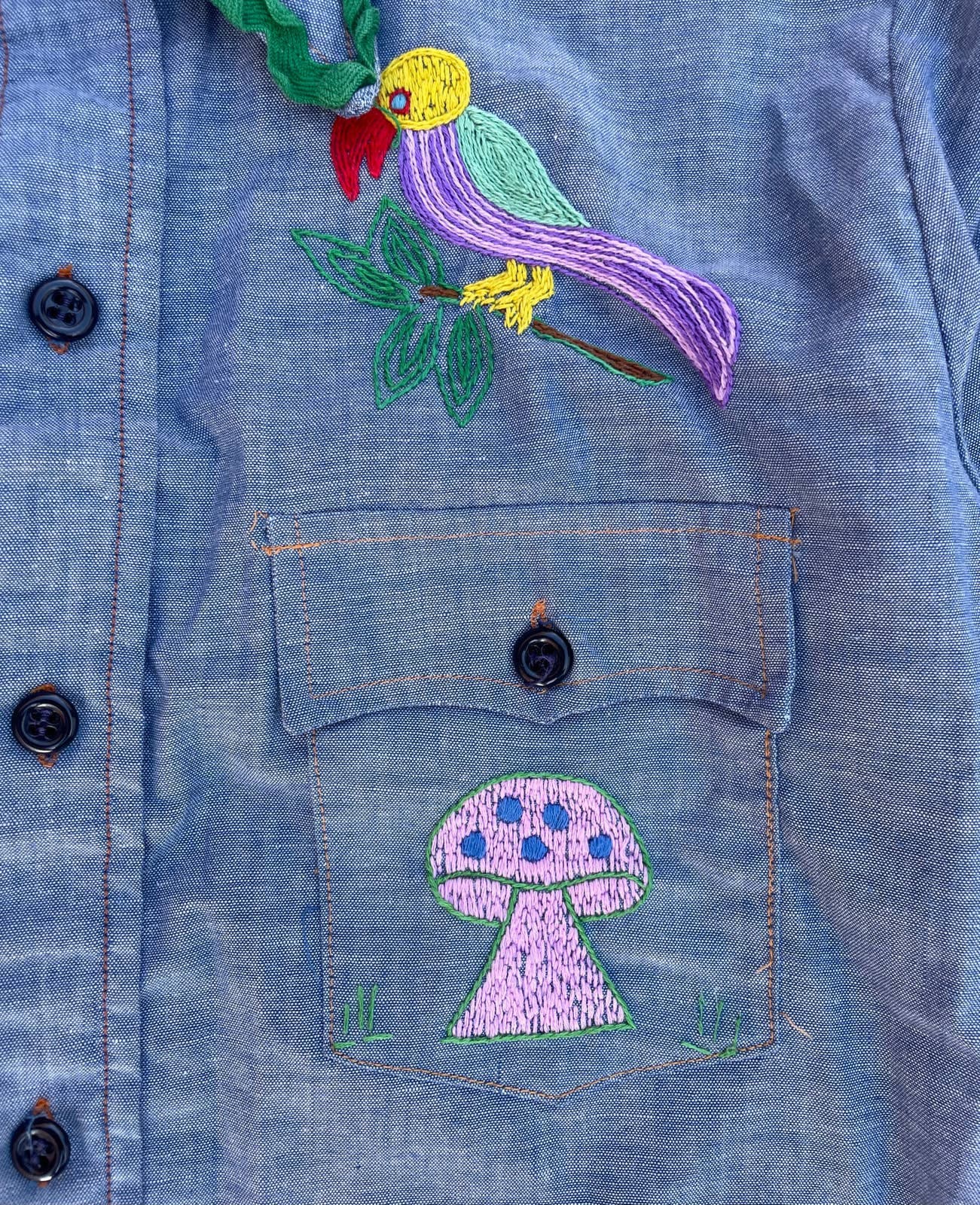 Vintage 1970s 80s Levi's Chambray Embroidered Shirt Green Line Selvedge Xs S Boys 14