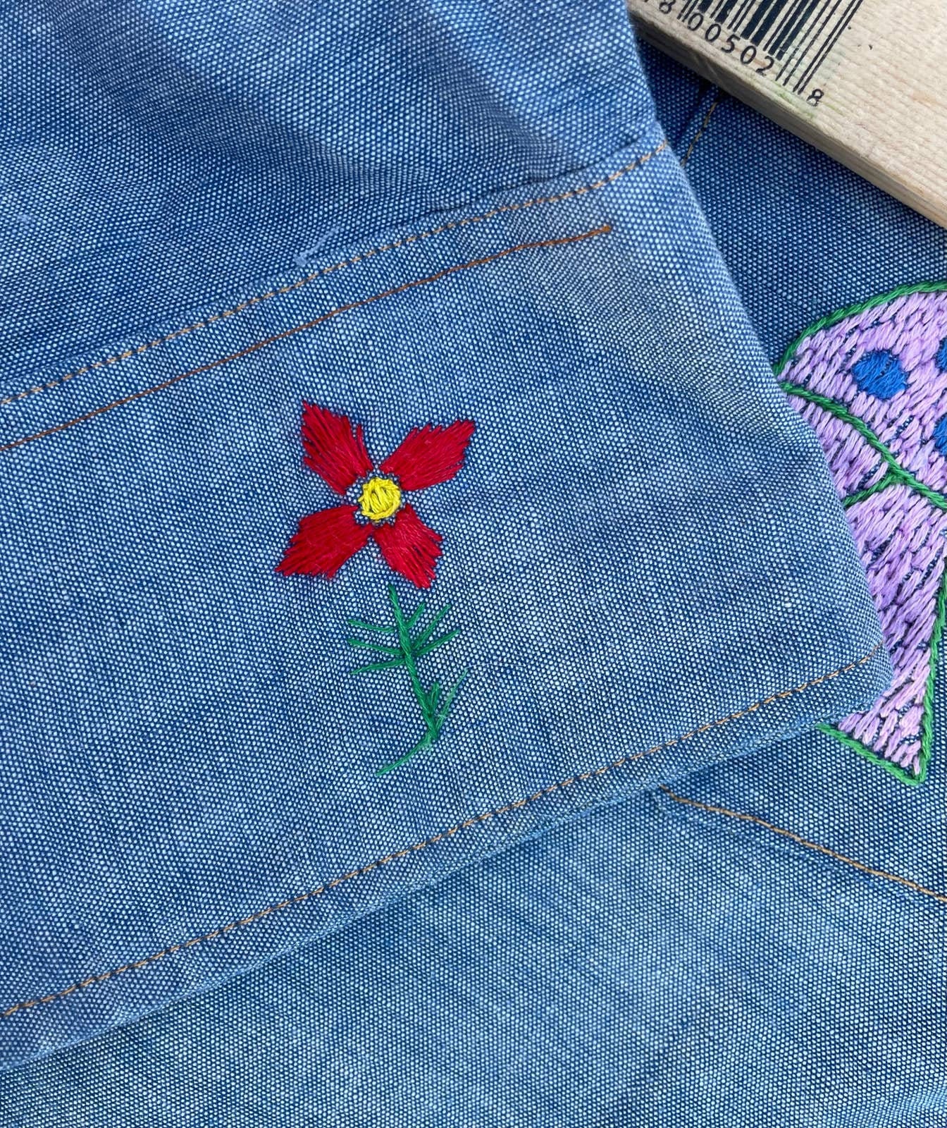 Vintage 1970s 80s Levi's Chambray Embroidered Shirt Green Line Selvedge Xs S Boys 14