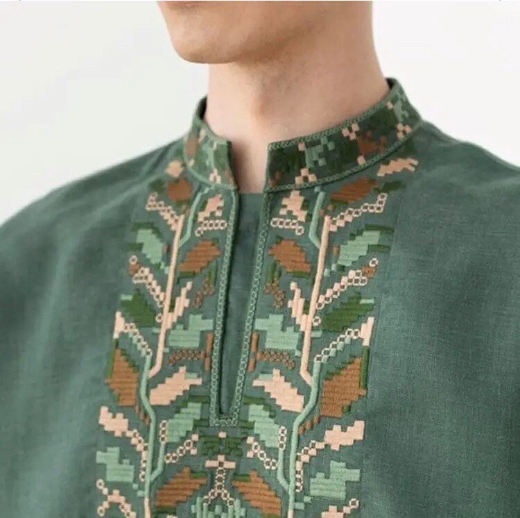 Modern Embroidered Men's Shirt Handmade Green Linen Shirt Ethno Folk Shirt Mens Embroidery Gift For Him Man Vyshyvanka Ukrainian Shirt