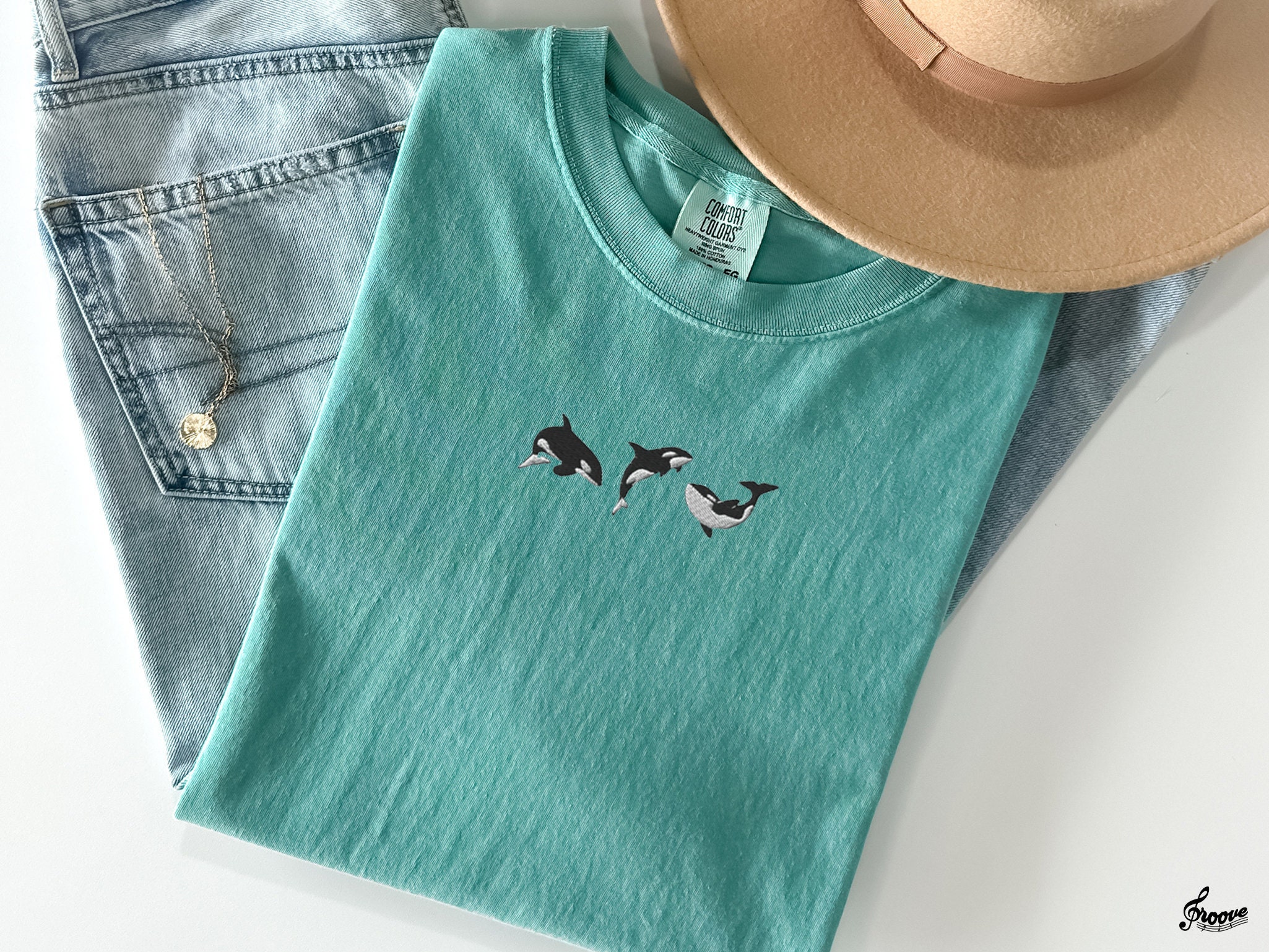 Embroidered Trio Of Orcas Comfort Colors T-shirt Unisex Orca Tshirt Whale Shirt Orca Shirt Shark Shirt Marine Biology Gift For Himher