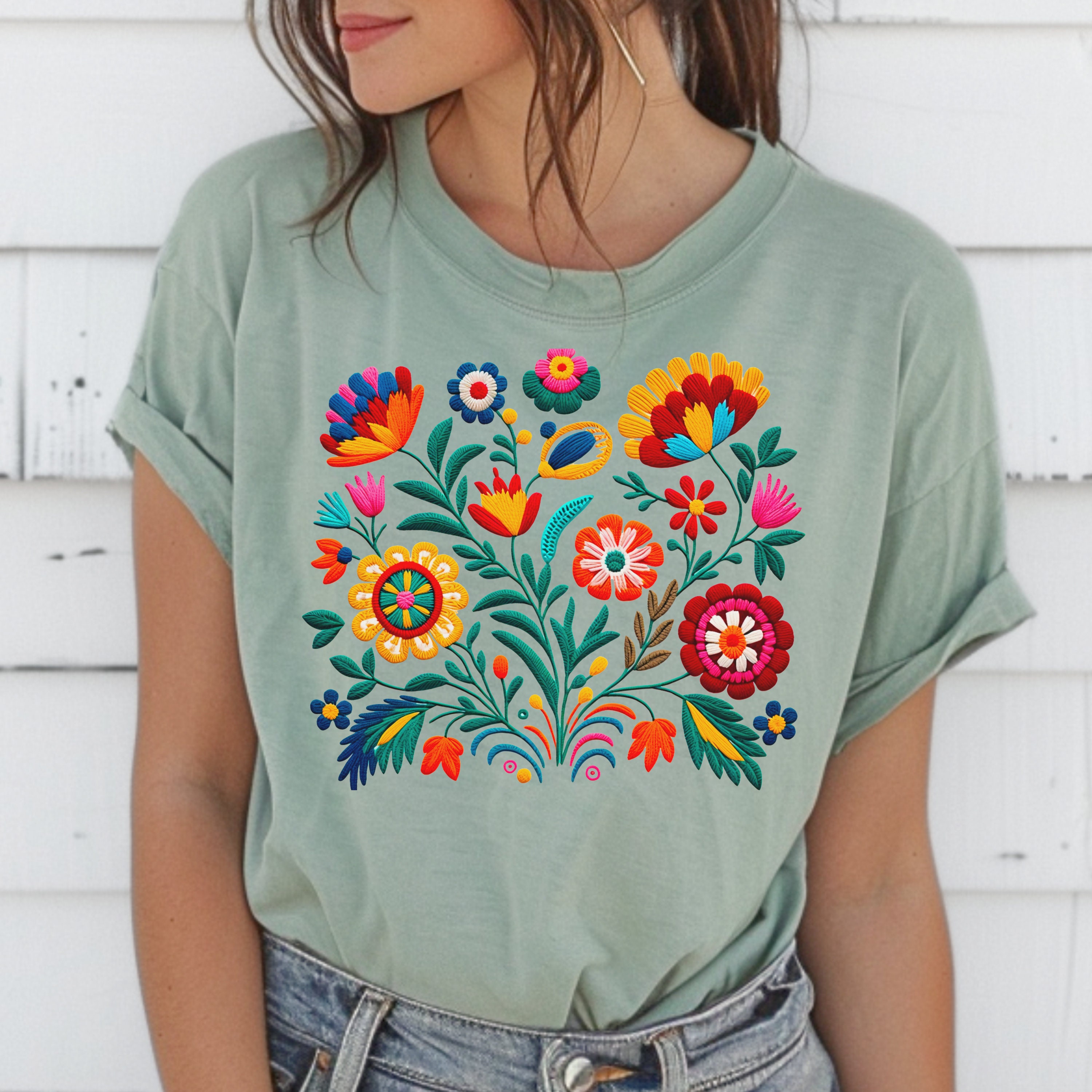 Mexican Folklore Flower Tshirt Floral T-shirt Flower Lover Shirt Mom Gift Mexican Embroidery Flower Print Regalo Para Madre
