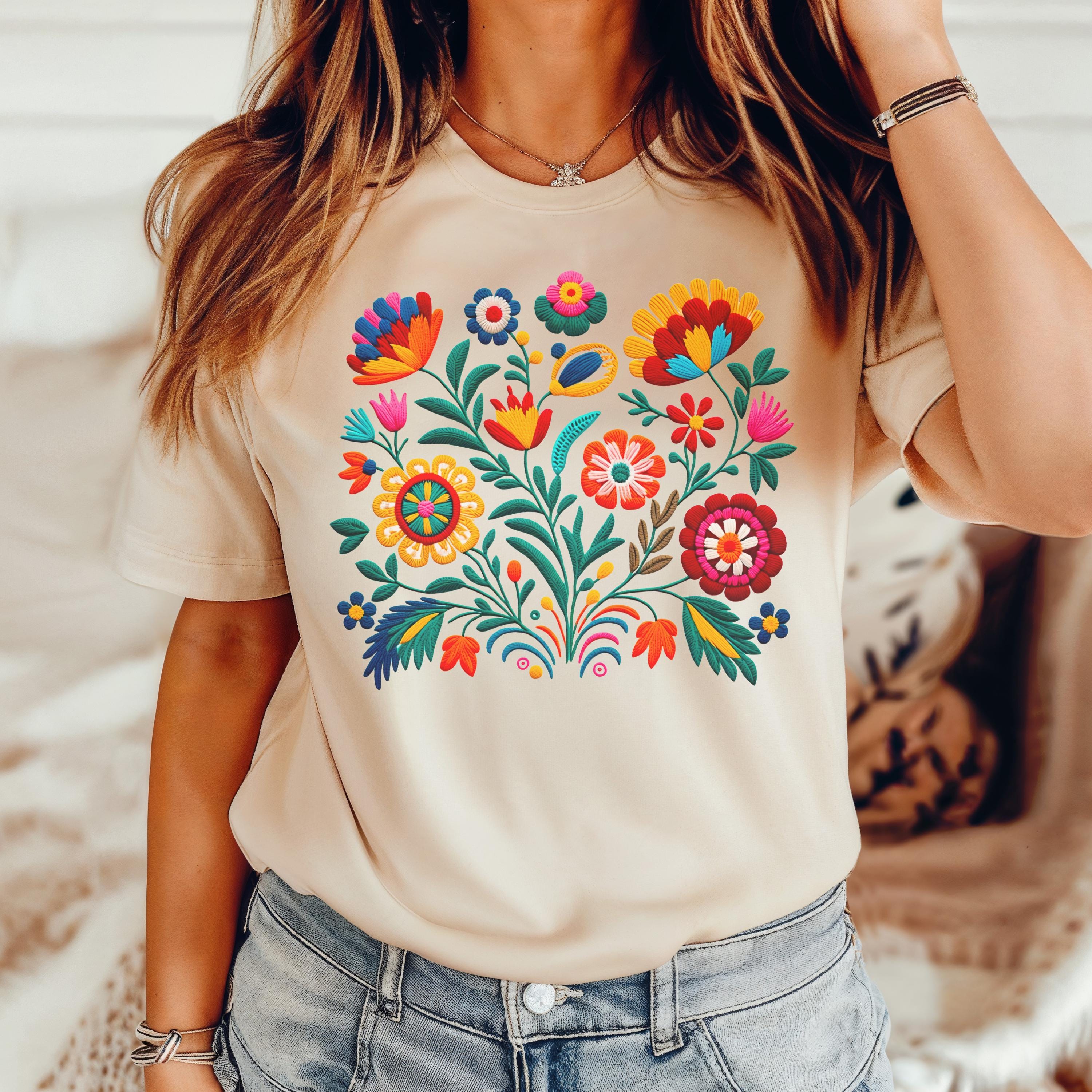 Mexican Folklore Flower Tshirt Floral T-shirt Flower Lover Shirt Mom Gift Mexican Embroidery Flower Print Regalo Para Madre