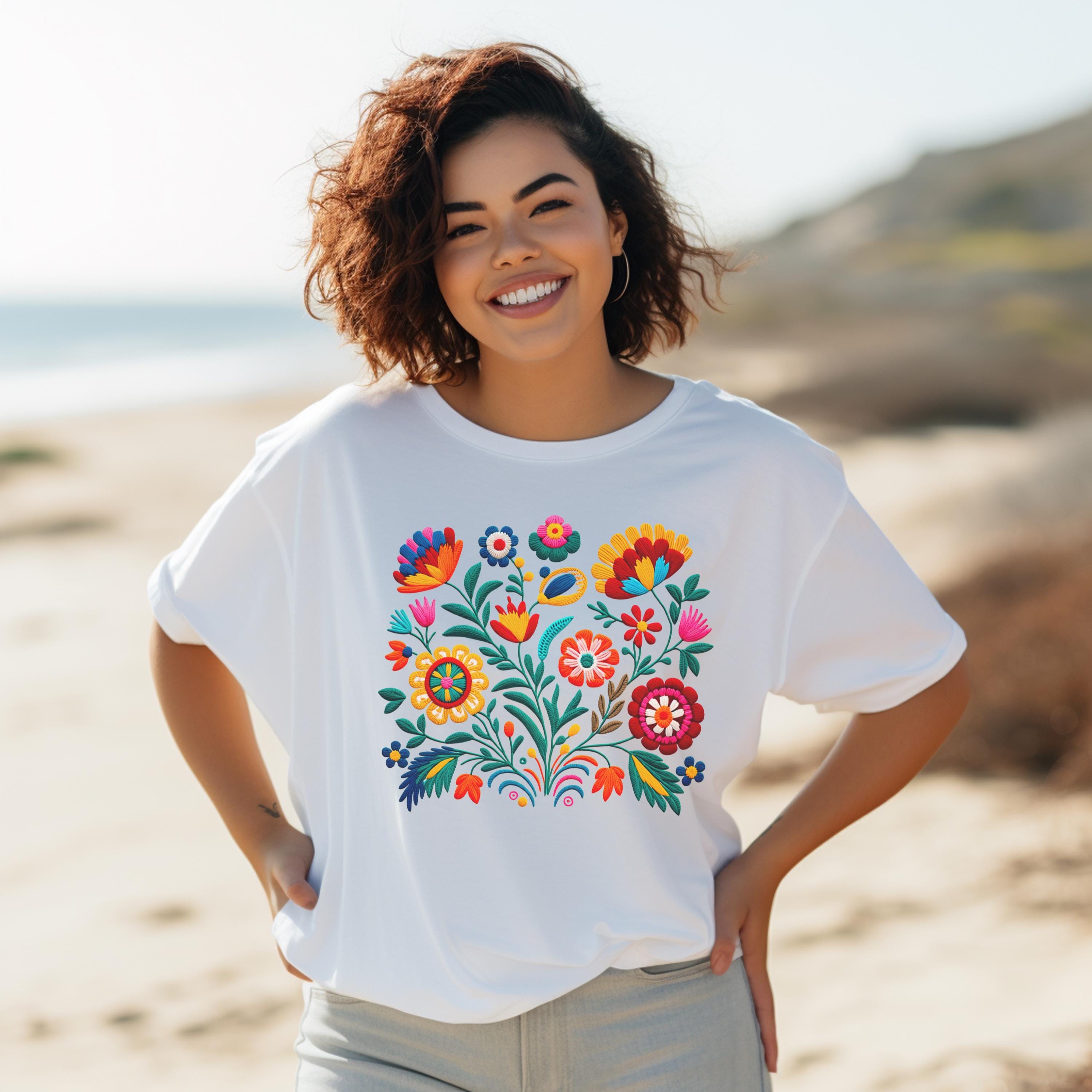 Mexican Folklore Flower Tshirt Floral T-shirt Flower Lover Shirt Mom Gift Mexican Embroidery Flower Print Regalo Para Madre