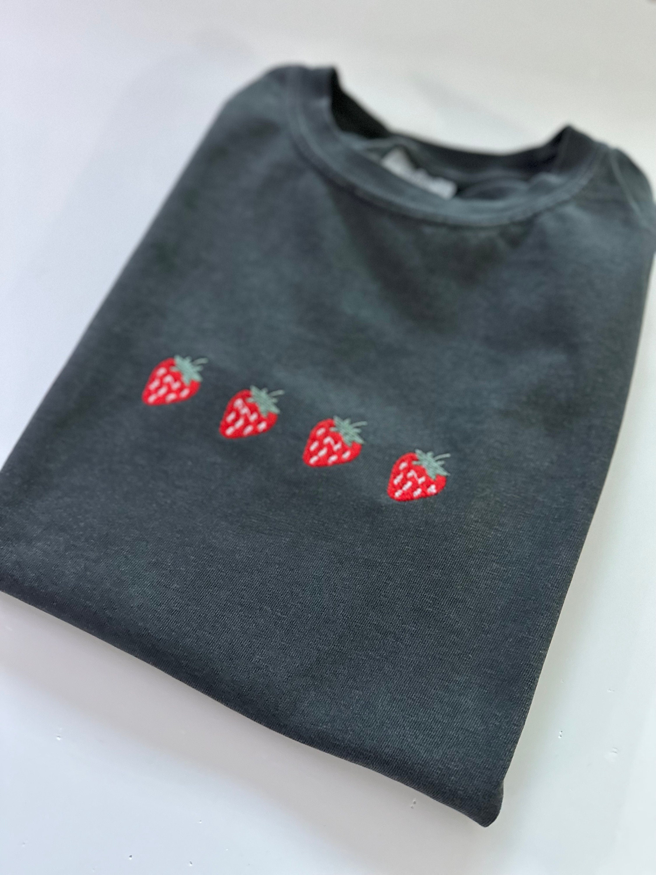 Comfort Colors Embroidered Strawberry T Shirt - Short Sleeve Summer Tee - Womens Oversized Stitched Shirt - Embroidered Clothing