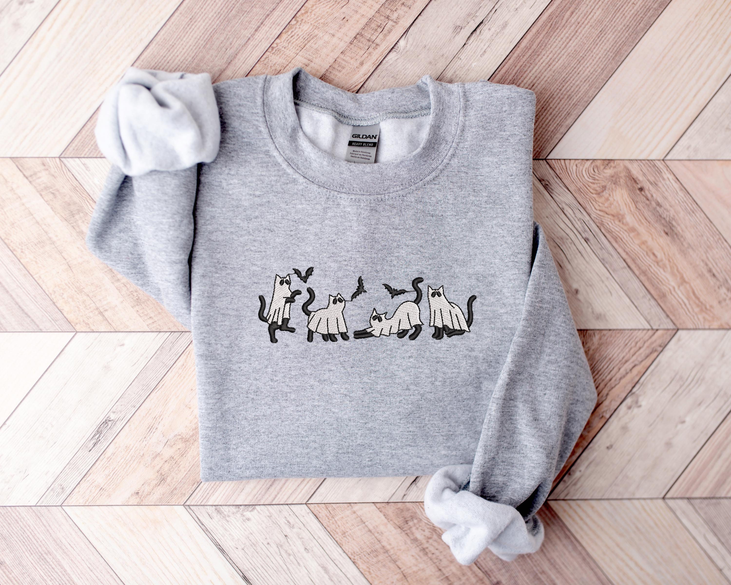 Embroidered Ghost Cat Sweatshirt Embroidered Halloween Shirt Halloween Ghost Cat Sweatshirt Funny Halloween Shirt Halloween Sweatshirt