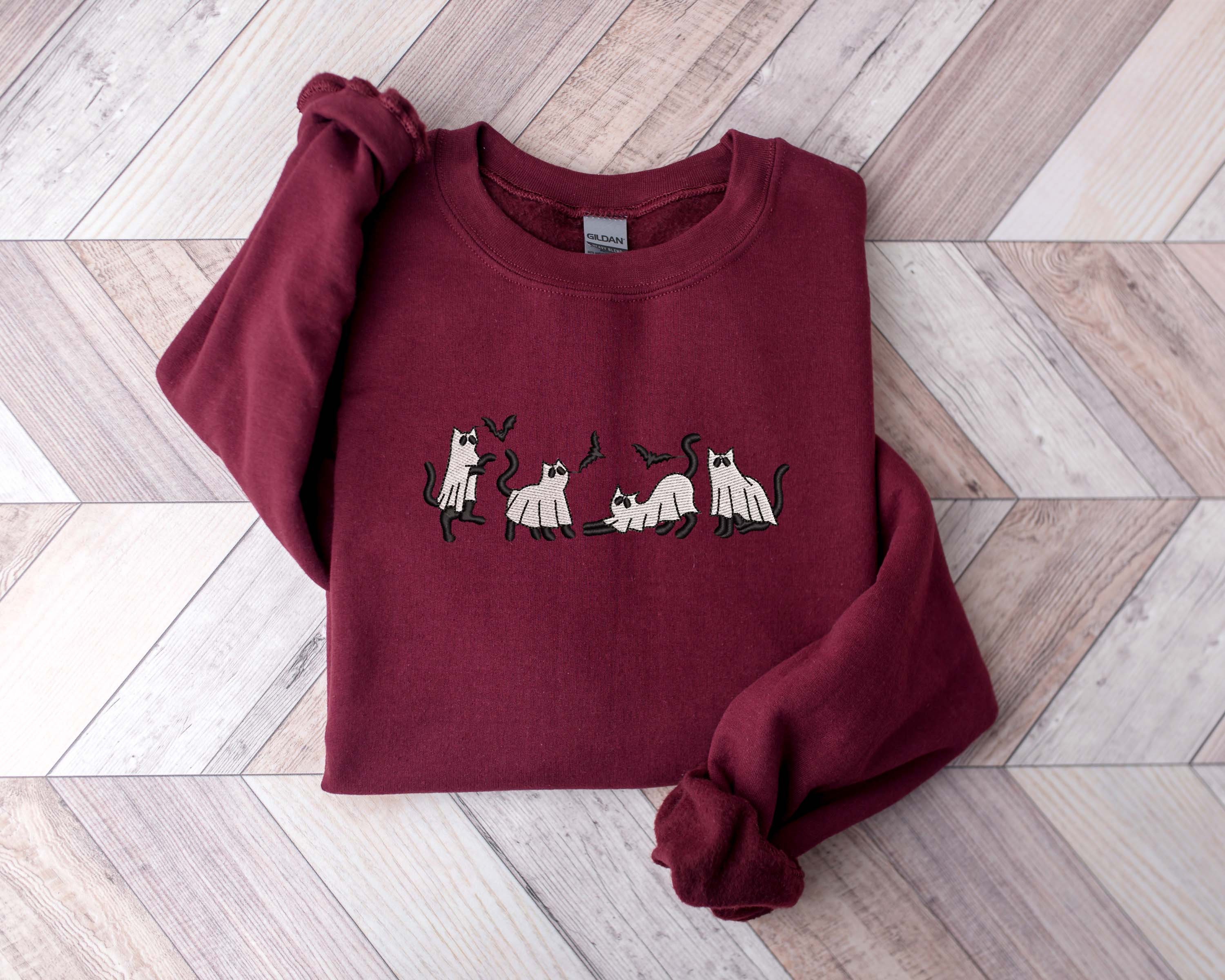 Embroidered Ghost Cat Sweatshirt Embroidered Halloween Shirt Halloween Ghost Cat Sweatshirt Funny Halloween Shirt Halloween Sweatshirt