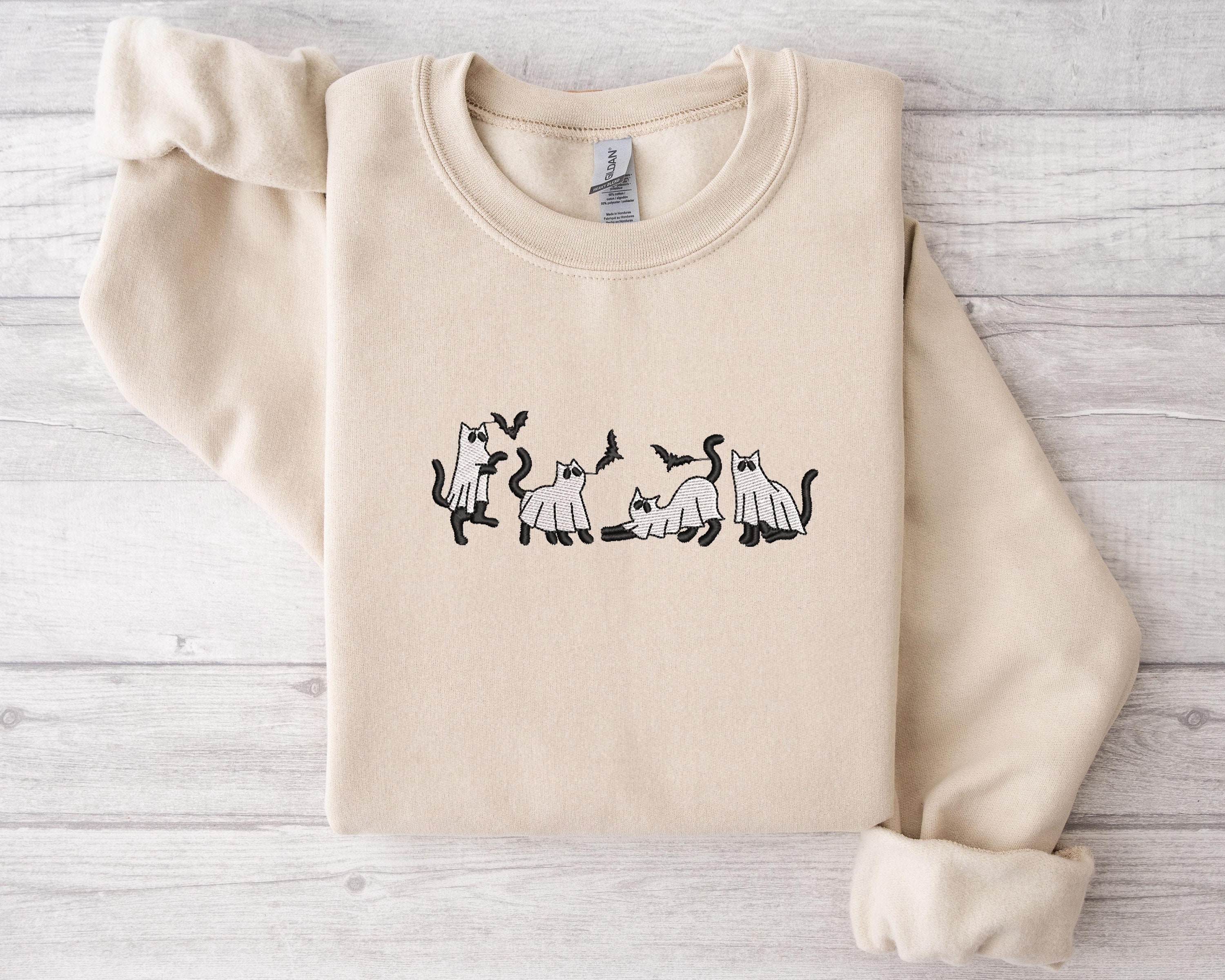 Embroidered Ghost Cat Sweatshirt Embroidered Halloween Shirt Halloween Ghost Cat Sweatshirt Funny Halloween Shirt Halloween Sweatshirt