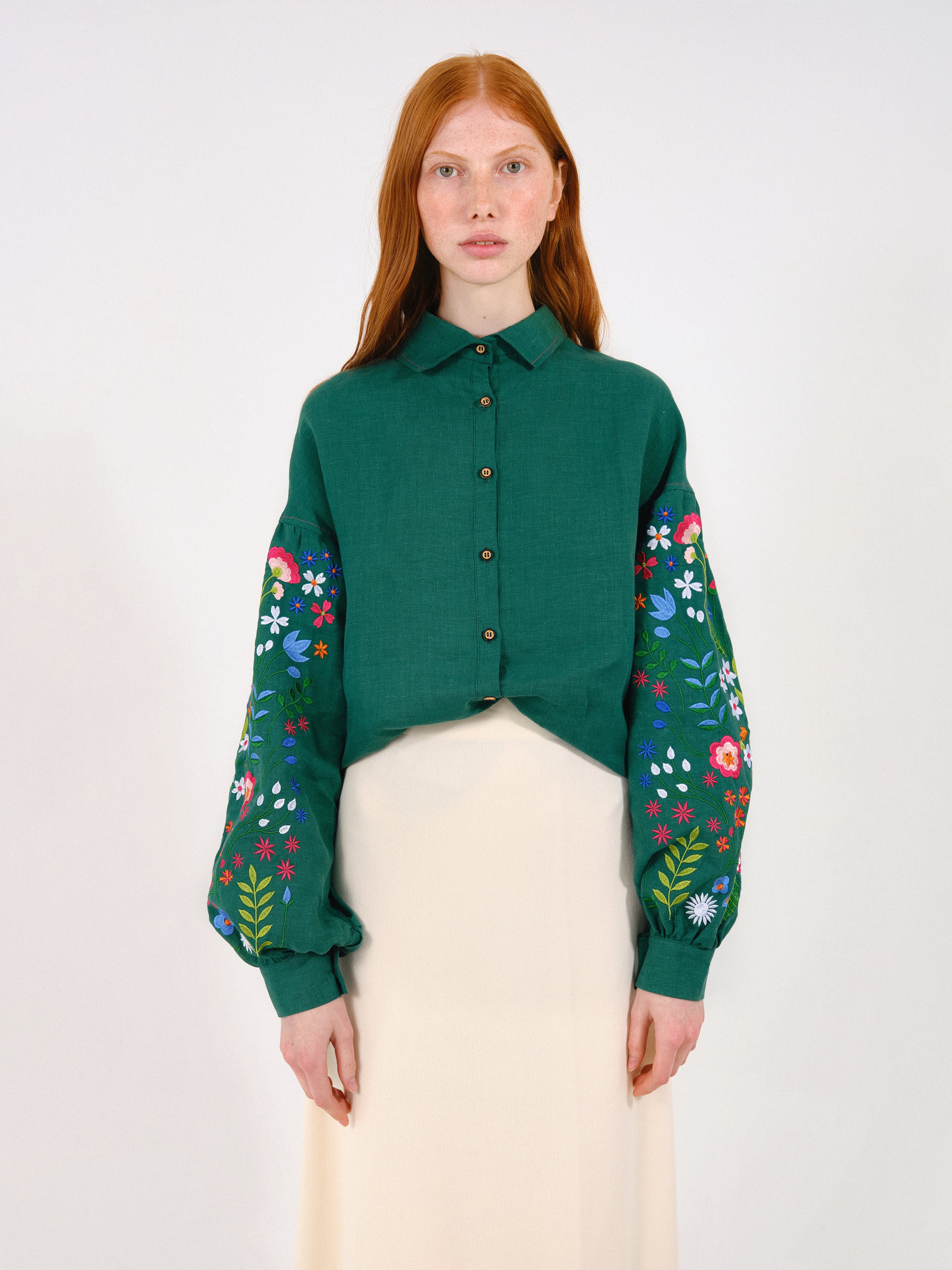 Forest Embroidered Linen Blouse In Mexican Style Ukrainian Embroidered Vyshyvanka Blouse In Stock Xs-2xl