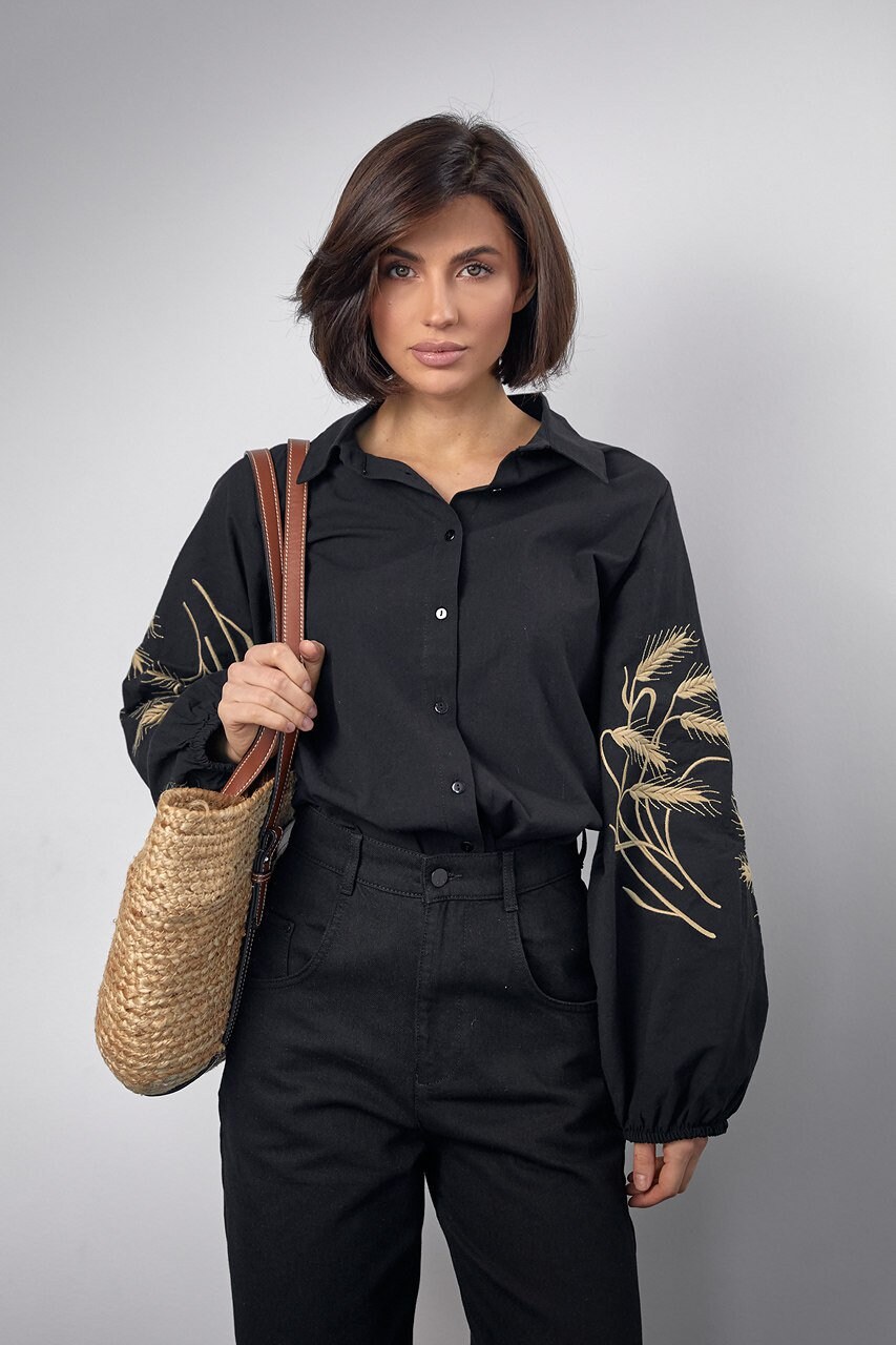 Ukrainian Black Embroidered Vyshyvanka Shirt