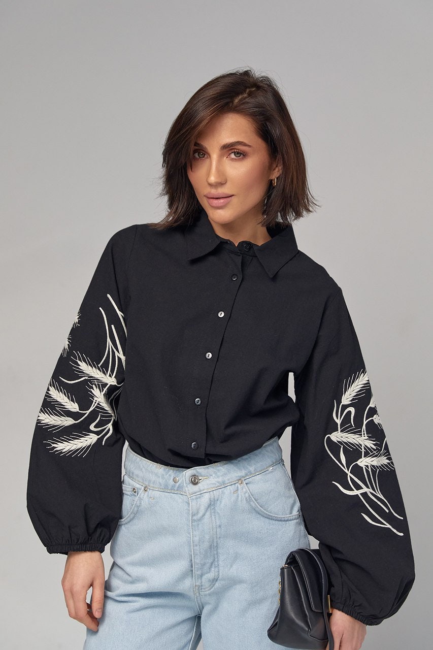 Ukrainian Black Embroidered Vyshyvanka Shirt