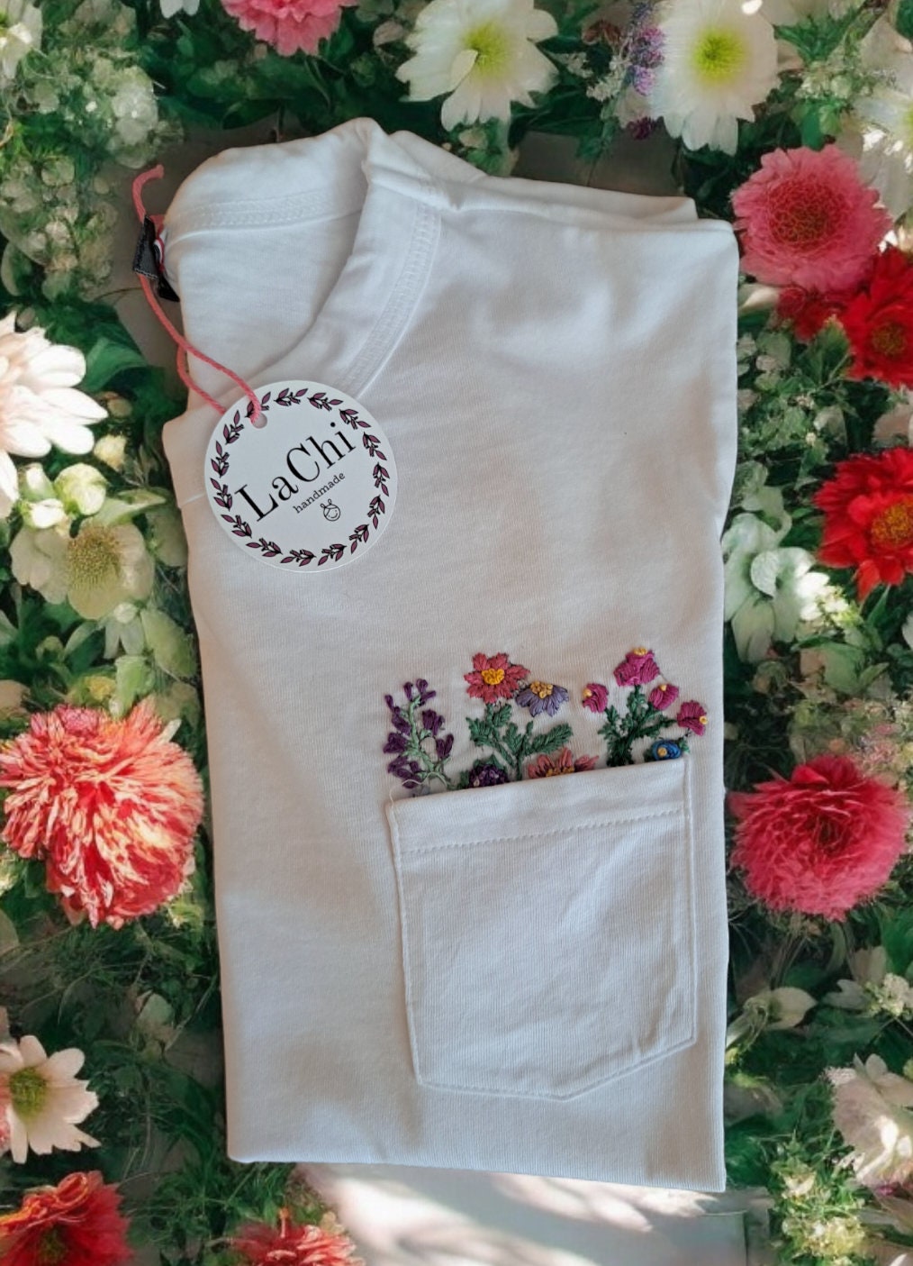 Hand Embroidered T-shirt With Colorful Flowers That Peek Out From The Pocket