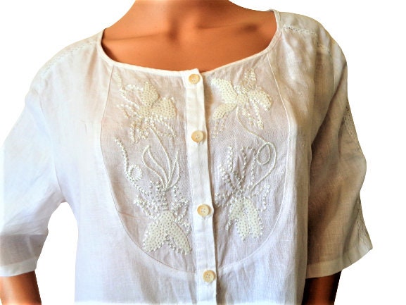 White Linen Shirt Button Front Womens Embroidered Blouse Plus Size Vintage Top Size Xl