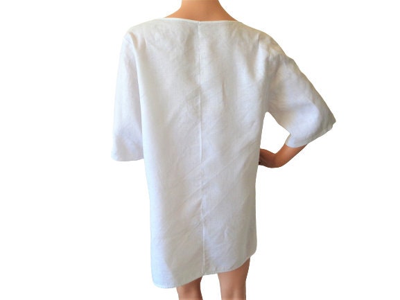 White Linen Shirt Button Front Women's Embroidered Blouse Plus Size Vintage Top Size Xl