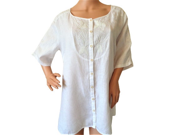 White Linen Shirt Button Front Women's Embroidered Blouse Plus Size Vintage Top Size Xl