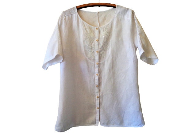 White Linen Shirt Button Front Women's Embroidered Blouse Plus Size Vintage Top Size Xl