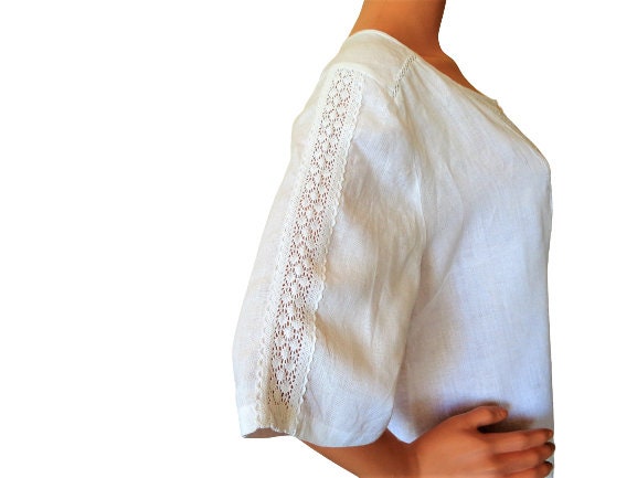 White Linen Shirt Button Front Women's Embroidered Blouse Plus Size Vintage Top Size Xl