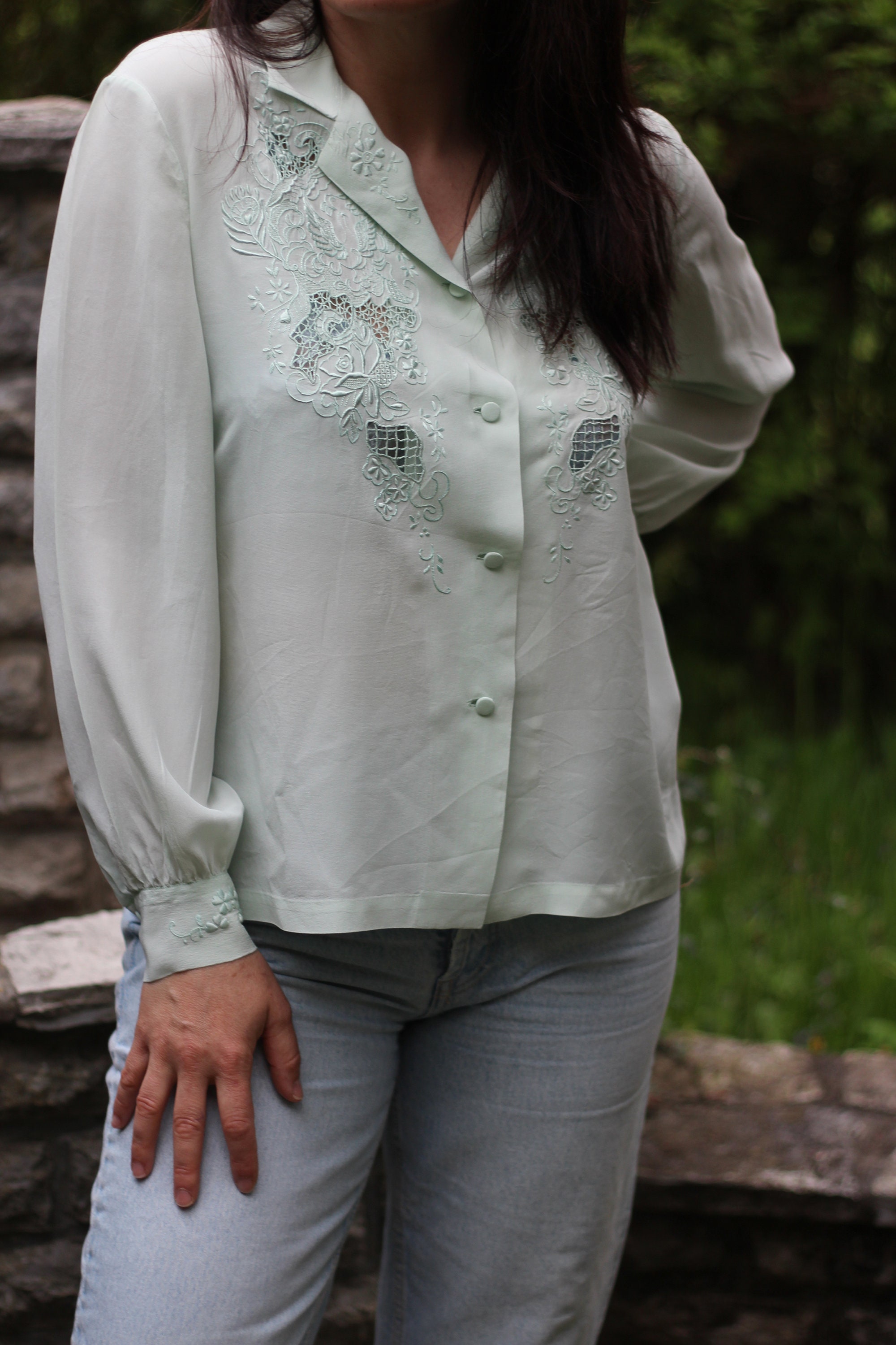 Vintage Belgium Lace Pure Silk Blouse Battenburg Lace Cream Hand Embroidered One Of A Kind Cut Out Flower Embroidered Shirt