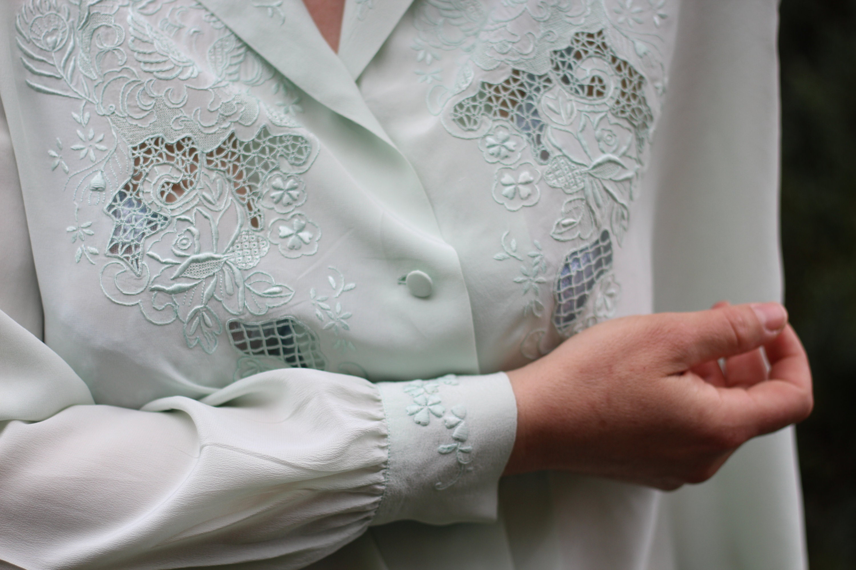 Vintage Belgium Lace Pure Silk Blouse Battenburg Lace Cream Hand Embroidered One Of A Kind Cut Out Flower Embroidered Shirt