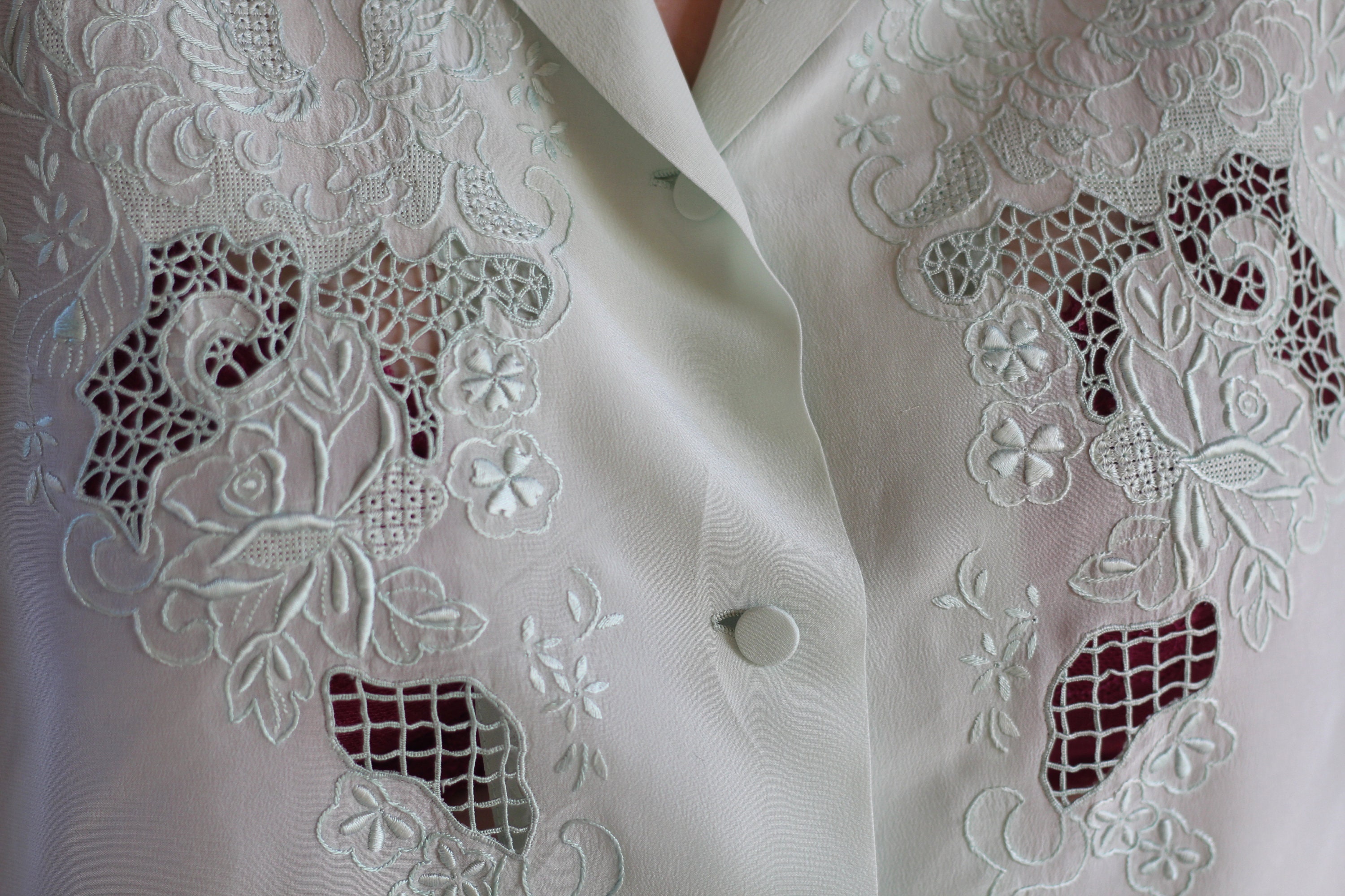 Vintage Belgium Lace Pure Silk Blouse Battenburg Lace Cream Hand Embroidered One Of A Kind Cut Out Flower Embroidered Shirt